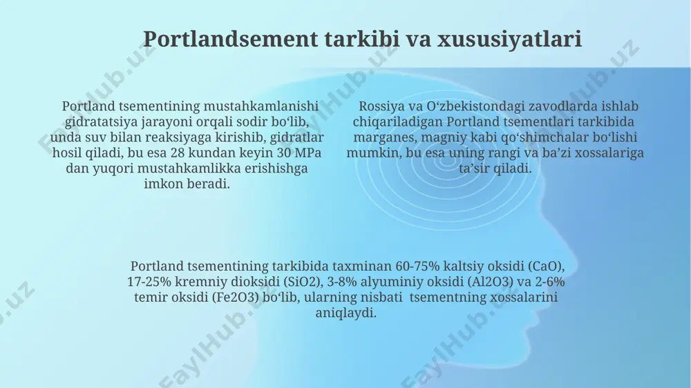 minatlar gidratatsiyasi jarayonida, taxminan 28 kun ichida, 3cao·al₂o₃ (c₃a) minerali suv bilan reaksiyaga kirishib, geterogen gidratlar hosil qiladi, bu esa portland tsementining dastlabki mustahkamlanishiga olib keladi, masalan, tojikiston sement zavodlarida kuzatiladi. klinker sovutish va maydalash klinkerni maydalash jarayonida, 30-50 mm gacha bo'lgan katta zarralarni 80% dan ortiq 90 mikrongacha maydalash, o'rtacha 30-40 % miqdorida mineral qo'shimchalarni qo'shish bilan birga, rossiyaning shimoliy hududlaridagi zavodlarda qo'llaniladi. klinkerni sovutish jarayonida 1200°c dan 100°c gacha tez sovitish, ayniqsa, al2o3 va cao ning yuqori reaktivli fazalarini hosil qilish uchun muhim, bu esa germaniyadagi zavodlarda keng qo'llaniladi. klinker maydalash samaradorligini oshirish uchun, har xil o'lchamli tegirmonlar (masalan, 2-5 m diametrli sharli tegirmonlar) ishlatiladi, bu esa 50% gacha energiya tejash imkonini beradi va bu texnologiya xitoyning janubi-sharqiy hududlarida qo'llaniladi. suv bilan aralashtirish va gidratatsiya bosqichlari portland tsementining suv bilan aralashtirilishi jarayonida, taxminan 20-30% suv qo'shilishi optimal hisoblanadi, bu esa 0,3-0,4 suv/sement nisbati bilan 7 kun ichida mustahkamlikka …