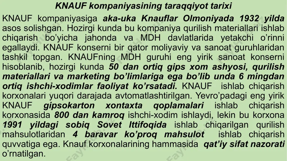 iyasining 46 ta (shu jumladan marketing xizmati) korxonalari faoliyat ko’rsatib kelmoqda. knauf kompaniyasi faoliyatining asosiy yo’nalishlari knauf korxonalari pardozlash materiallari ishlab chiqarish bilan birga knauf butlovch tizimlari jamlanmasini taklif qilishadi, bu jamlanma asosida bino va inshootlar pardoziga doir har qanday vazivani sifatli va to’liq hal qilish mumkin bo’ladi. knauf butlovchi tizimlari jamlanmasi yordamida qurilish-pardozlash ishlaridagi har qanday masalani maksimal darajada yechimini topsa bo’ladi. ushbu jamlamaga kiruvchi qatlamdevorlar va shu qatlamdevorni butlovchi barcha elementlar (ipidan-ignasigaca) to’plami kiradi. masalan: s111-(knauf gipsokarton listlari gkl)dan bir qatlamli metal sinch-karkasga mahkamlangan qatlamdevor (peregorodka). p-knauf butlovchi tizimlari jamlanmasi yordamida yig’iluvchi osma shift (potolok)lar turkumi. masalan: p113(p213)- gipsokarton yoki gipstolali xontaxta listlardan metal va yog’och karkaslarga osib qoplangan shift (potolok) bo’lib, shu shiftni tiklash uchun zarur bo’lgan barcha elementlar (ipidan-ignasigacha) shu jamlanmada mujassam bo’ladi. knauf butlovchi tizimlari jamlanmasi elementlari asosiy materiallar va buyumlar qo’shimcha-yordamchi materiallar mashina va mexanizmlar texnik kuzatuv-ko’maklashuv moslamalari o’qitish-o’rgatish, ko’rsatish reklama-targ’ibot-tashviqot knauf butlovchi tizimlari …