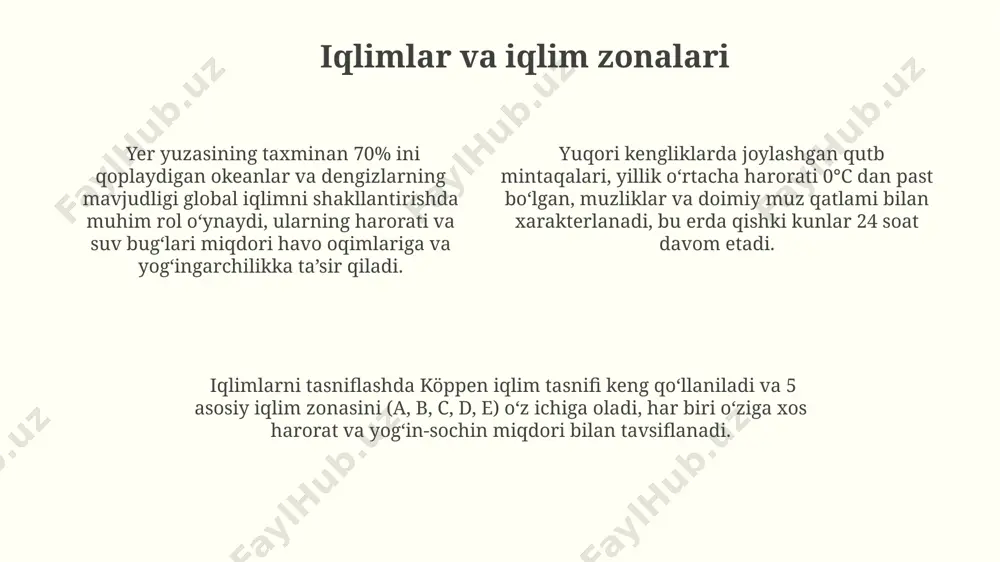 hlariga sezilarli darajada ta'sir ko'rsatadi, ba'zi mamlakatlarni boy, boshqalarini esa kambag'al qiladi. dunyo miqyosida 200 dan ortiq davlat mavjud bo'lib, ularning har biri turli xil tabiiy boyliklarga, masalan, neft, gaz, minerallar va suv resurslariga ega. tabiiy boyliklarning 80% dan ortig'i yer sharining faqat 20% ini tashkil etadigan hududlarda joylashgan bo'lib, bu esa resurslar taqsimotining notekisligini ko'rsatadi. aholi geografiyasi aholi zichligi dunyo boʻylab juda katta farq qiladi; masalan, bangladeshda 1 kv.km ga 1265 kishi toʻgʻri keladi, kanadada esa atigi 4 kishi. taxminan 50% dan ortiq jahon aholisi osiyo qit'asida istiqomat qiladi, bu esa qit'aning ulkan maydoni va turli tabiiy sharoitlari bilan bog'liq. shaharlashuv darajasi rivojlangan mamlakatlarda 70% dan oshadi, qishloq xoʻjaligi mamlakatlarida esa 30% atrofida. bu demografik o'zgarishlarni aks ettiradi. dunyoning geografik joylashuvi dunyoning umumiy maydoni taxminan 510 million kvadrat kilometrni tashkil etadi, shundan 71%ini suv massalari egallaydi. yer yuzasining eng baland nuqtasi – everest togʻi (8848,86 m), eng chuqur nuqtasi …