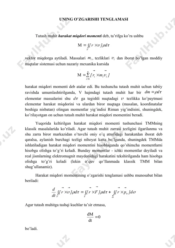 r × × = ¶ ¶ r r x x 0 ) ( p x ) x ( p * ik k j ij x x 0 r r × × = ¶ ¶ r r ixtiyoriy egri chiziqli koordinatalar sistemasida tutash muhit harakati tenglamasi harakat miqdorining o’zgarishi tenglamasini yozaylik: gauss-ostrogradskiy teoremasidan: agar tutash muhit harakati vaqtning va tutash muhit harakati tekshirilayotgan nuqtalar uchun uzluksiz bo’lsa, yuqoridagi ikki ifoda asosida quyidagi harakat tenglamasini hosil qila olamiz: bu tenglama ixtiyoriy egri chiziqli koordinatalar sistemasida o’rinli bo’lib, harakat tenglamasi deyiladi. uning bazis vektorli koordinatalar sistemasiga proyeksiyalari quyidagicha yoziladi: bu yerda bu tenglama asosida turli xususiy hollarni o’rganish mumkin. harakat miqdori momenti. uning o’zgarishi tenglamasi tutash muhit harakat miqdori momenti deb, ta’rifga ko’ra ushbu vektor miqdorga aytiladi. massalari , tezliklari dan iborat bo’lgan moddiy nuqtalar sistemasi uchun nazariy mexanika kursida harakat miqdori momenti deb atalar edi. bu tushuncha tutash muhit uchun tabiiy ravishda …