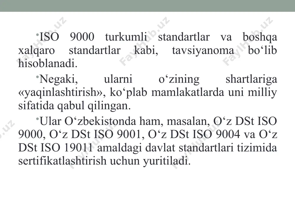 qlash;  sifat tizimini qo‘llash va uni takomillashtirish. iso 9000 seriyali standartlarining paydo bo‘lishi va yaratilish tarixi 1949 yil iso 9000 seriyali standartlar qabul qilishdi. shundan so’ng bosqichma bosqich iso 9001, iso 9002, iso 9003, iso 9004 standartlari ishlab chiqa boshlagan. sifat tizimiga minimal talablarni o‘rnatish uchun 4 guruhli korxona standartlariga bo‘lingan va ular quyidagicha:  mahsulotni ishlab chiqarish to‘liq siklini amalga oshiruvchi ya`ni buyum konstruktsiyasini ishlab chiqishdan boshlab va uni iste`molchilarga xizmat ko‘rsatishgacha bo‘lgan davrdagi faoliyat yurituvchi korxonalar. bunday holatlarda iso 9001 standarti me`yorlaridan foydalanish tavsiya etiladi;  boshqa korxonaning texnikaviy hujjatlari bo‘yicha mahsulotlarni tayyorlovchi korxonalari. bunday holatlarda iso 9002 standarti m`yorlari qo‘llaniladi  faqat yakuniy mahsulot sifat nazoratiga muvofiqligi bo‘yicha sinov laboratoriyalari va markazlari. ular uchun iso 9003 standarti me`yorlari tavsiya etiladi;  xizmat (ma`ishiy, moliyaviy, yuridik, maslahat, ta`lim va h.k.) ko‘rsatuvchi korxonalari. bunday korxonalar uchun iso 9004 standarti me`yorlari tavsiya etiladi. shunday qilib, iso 9001 standarti talablari …