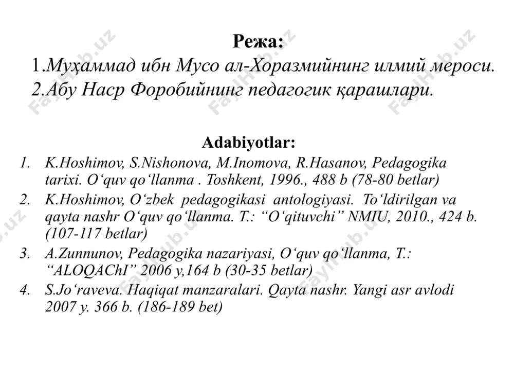 асини шарҳлаб, дунёга кенг танитгани туфайли шарқ мамлакатларида унинг номи улуғланиб, “ал-муаллим ас-соний” – “иккинчи муаллим” (аристотелдан кейин), “шарқ арастуси” деб юритилган. форобий 873 йилда туркий қабилалардан бўлган ҳарбий хизматчи оиласида, сирдарё қирғоғидаги фороб – ўтрор деган жойда туғилган. у туғилган ҳудуд сомонийлар томонидан бошқарилиб, араб халифалигининг шимолий чегараси ҳисобланган. асарлари ал-хоразмий форобий 20 дан зиёд илмий асарлар муаллифи бўлган, улардан айримлари бизнинг давримизгача сақланиб қолган. жумладан: 1.“фи хисаб ал-хинд” (араб тилидаги “ҳиндча ҳисоб ҳақида китоб”) – ўнлик позицион ҳисоблаш тизимини ифодаловчи ва ноль белгиси бор, тўққизта рақамни баён этувчи асар. 2.“ал-китоб ал-мухтасар фи ҳисоб ал-жабр ва ал-муқобала”. (aраб тилида ёзилган “ал-жабр ва ал-муқобала ҳисоби ҳақида қисқача китоб”) – муаллиф томонидан алгебра фан сифатида кўрилиб, “алгебра” деб ном олган китоб. 3. зижи ал-хоразмий (араб тилида ёзилган (“зиж”) “астрономик жадвал”) – синусларнинг тригонометрик функциялари келтирилган кичик назарий бўлим ва жадваллардан ташкил топган асар. 4. “китоб сурат ал-арз” (араб тилида ёзилган “ер …