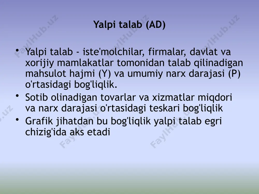 ort xaridlarining ta'siri import narxlari barqaror bo'lgan mamlakat ichidagi narxlarning ko'tarilishi mahalliy tovarlar va xizmatlarga talabning pasayishiga va import qilinadigan tovarlarga talabning oshishiga olib keladi. chet elliklar ham mahalliy tovarlarni kamroq sotib oladi eksport kamayadi, import esa oshadi. boshqacha qilib aytganda, sof eksport va shunga mos ravishda yalpi talab kamayadi yalpi talab modeli sifatida pulning miqdor nazariyasi tenglamasi pulning miqdor nazariyasiga ko'ra mv=py, qayerda m - muomaladagi pul miqdori v - pul muomalasining tezligi (muomalada bo'lgan va tayyor mahsulot va xizmatlarni sotib olish uchun foydalaniladigan pul muomalasining o'rtacha yillik soni) p - narx darajasi (yaim deflyatori) y - ishlab chiqarilgan tovarlar va xizmatlar miqdori (real yaim) (m1=p1q1 birinchi savdo uchun pul miqdori m2=p2q2 ikkinchi savdo uchun pul miqdori mn=pnqn n-chi tranzaksiya uchun pul miqdori sm=spq yoki m=py bilan barcha operatsiyalar uchun pul miqdori milliy mahsulot yoki pul aylanish tezligi mv=py) pul miqdori nazariyasi nuqtai nazaridan yalpi talab egri chizig'ining manfiy …