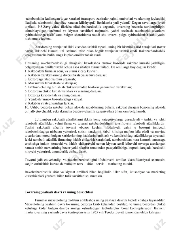 ajatlarini tobora pasaytirib, foydani kupaytirishga intiladi. fan-texnika tarakkiyoti yutuklari tufayli rakobatning narx bilan boglik bulmagan usullaridan foydalanishning kulay sharoitlari yuzaga keldi. narxsiz rakobatda tovarning narxi emas, balki uning yukori sifat, past istehmol narxi, zamonaviy dizayn, servis xizmati, ishlab chikargan firma shuxrati rakobat kurashining asosiy omiliga aylanadi. narxni pasaytirib bozorni egallash strategiyasini urganishda kuyidagi savollarga javob topiladi: -boshka tovarlarni rakobatbardoshligini belgilovchi omillar kaysilar? -rakobatchi-firmalarning reklama vositalari va sotishni ragbatlantirish usullari kanday? -kaysi savdo belgilari ishlatilmokda? -rakobatchilar tovarlarining uramasi-bezaklari, dizaynida nimalar kuzga tashlanmokda? -tovarni kafolatli va undan keyingi ishlatish davrlarida kanday servis taklif kilinmokda? -milliy savdo tarmoklari orkali tovar sotilmokdami yeki firma uz shaxobchasini ochganmi? -rakobatchilar kullaetgan tovar xarakati (transport, zaxiralar xajmi, omborlari va ularning joylanishi. natijada rakobatchi shundjay xarakat kilishyapti? boshkacha yuli yukmi? degan savollarga javob topiladi. p.s.zavg’yalov fikricha «rakobatbardoshlik deganda, tovarning bozorda xaridorgirligini tahminlaydigan istehmol va kiymat tavsiflari majmuini, yahni uxshash rakobatchi tovarlarni ayirboshlashga taklif katta bulgan sharoitlarda xuddi shu …
