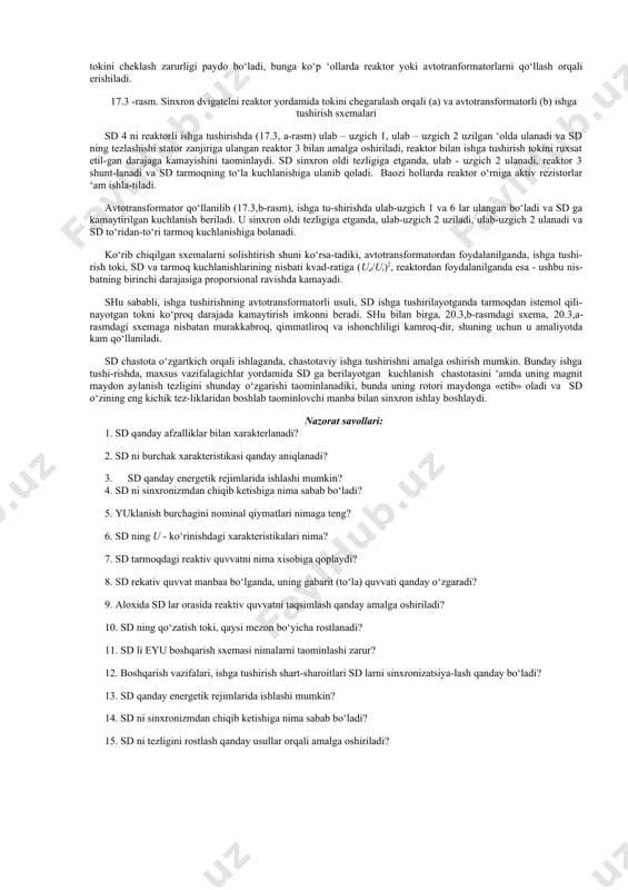 i-shiga olib keladi. 17.2-rasm. sinxron dvigatelning burchak xarakteristikasi sd ning tarmoq bilan sinxron ishlashni taominlovchi maksimal moment mmax ni aniq-lash uchun burchak xarakteristi-kasi xizmat qiladi (17.2 - rasm). u, moment m ni stator e.yu.k. e va tarmoq fazaviy kuchlanish uf vektorlari orasidagi siljish burchagi ga boliqligini aks ettiradi. sd ning momenti m – ushbu burchakning sinusoidal funksiyasidir: m = 3ufe – sin /(0 x1) = mmax sin bunda x1 - sd fazaviy cho‘lamining induktiv qarshiligi. burchakning nominal qiymati n odatda 25°30° tashkil qiladi, unga mn nominal moment mos keladi. n ning bunday qiymatlari uchun maksimal moment karraligi quyidagiga teng bo‘ladi: m = mmax / mn = 2,02,5. sd ning momenti o‘zini maksimal qiymatiga burchak = /2 teng bo‘lganda erishadi. bu kattalik sd ning yuklamaga chidamlilik qobiliyatini xarakterlaydi. burchakning bundan katta qiymatlarida sd sinxronizmdan chiqib ketadi. burchak ning kichik qiymatlarida uning ishlashi barqarordir. sd barcha maolum asosiy energetik rejimlarda ishla-shi mumkin: …