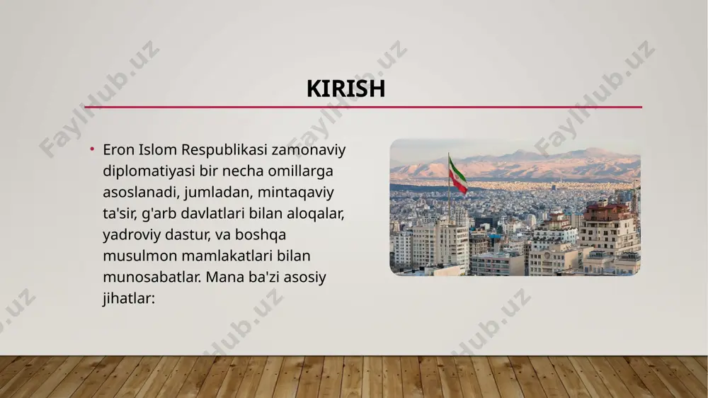 ldi. yangi tendensiyalar va tahdidlar: eron diplomatiyasida yangicha tahdidlar paydo bo‘lishi, xususan, aqshning yaqin sharqdagi siyosati, isroil bilan ziddiyatlar, va ichki noroziliklar mamlakatni xalqaro maydonda qanday pozitsiyada bo‘lishini belgilab beradi. xulosa eron islom respublikasining zamonaviy diplomatiyasi murakkab va ko‘p qirrali bo‘lib, mintaqaviy ta'sirini kengaytirish, g‘arb bilan ziddiyatlar va sanksiyalarni chetlab o'tishga qaratilgan. yadro dasturi atrofida olib borilgan muzokaralar, mintaqaviy ittifoqchilarini qo'llab-quvvatlash va shia dunyosidagi yetakchilik pozitsiyasini saqlab qolish eron diplomatiyasining asosiy yo‘nalishlari hisoblanadi. xulosa qilib aytganda, eron islom respublikasining zamonaviy diplomatiyasi o‘z milliy manfaatlarini himoya qilish, iqtisodiy sanksiyalarni yengib o‘tish va mintaqada siyosiy ta'sirini mustahkamlashga qaratilgan bo‘lib, bu kelajakda ham jiddiy ta'sir ko'rsatishda davom etishi kutilmoqda. foydalanilgan adabiyotlar "eron va o‘zbekiston: tarixiy aloqalar" - bu kitobda eron va o‘zbekiston o‘rtasidagi tarixiy va zamonaviy munosabatlar, siyosiy, iqtisodiy va madaniy aloqalar haqida ma'lumotlar keltirilgan. "yaqin sharq va o‘zbekiston" - ushbu asar yaqin sharq mamlakatlaridagi siyosiy jarayonlar, shu jumladan eronning diplomatiyasi haqida tahlil …