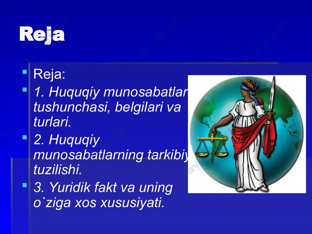 о`rtasidagi subyektiv huquq va yuridik majburiyatlar vositasidagi aloqalardir. bu aloqalarning aloxida shakli, obyektiv huquq normalarida mustaxkamlangan huquq va majburiyatlar orqali namoyon bо`ladi. subyektiv huquq egasi – shaxs, huquq majburiyat egasi, majburiyatli shaxsdir. huquqiy munosabatlarda vakolatli shaxsga majburiyatli shaxs, boshqa kishimi, tashkilotmi, davlat organi yoki davlatning о`zi bо`lishidan qat`iy nazar, qarama-qarshi turadi. bu ma`noda huquqiy munosabatlar indivuallashtirilgan aloqalardir. huquq tizimi huquq tizimi jamiyatning iqtisodiy tuzilishidan paydo bo‘lib, u bilan bog‘liq bo‘lgan, uning mustahamlaydigan har bir davlatning ichki huquq tuzilishi bo‘lib, kishilar o‘rtasidagi turli ijtimoiy munosabatlarni tartibga soladi. huquq tizimi jamiyatning siyosiy, g‘oyaviy, ma’rifiy, madaniy va boshqa ijtimoiy belgilari bilan bog‘liqdir. hamda huquq tizimi jamiyatning milliy munosabatlari, uning urf —odatlari, barcha xalqning huquqiy ongi huquqiy madaniyatligi va davlatning huquq ijodkorlik faoliyatiga borliqdir. huquq tizimi jamiyatdagi barcha sinf, millat, tabaqa va xalqning qonun darajasida ko‘tarilgan erki —irodasi bo‘lib, ular o‘rtasidagi turli ijtimoiy munosabatlarni tartibga soluvchi huquq normalari, huquq institutlari va huquq sohalaridan iborat …