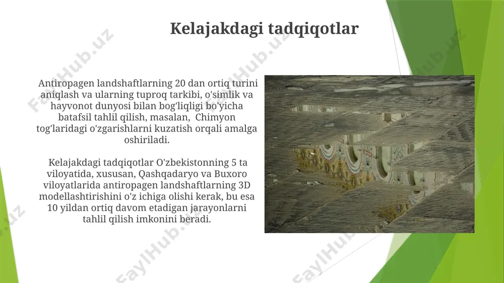 aniqlangan, bu esa 10 yildan ortiq davrda ekotizimning buzilishiga olib keldi. rekreasion landshaftlar rekreasion landshaftlarning 15% dan koʻprogʻi oʻzbekistonning fargʻona vodiysida joylashgan boʻlib, ekoturizm va tabiatni muhofaza qilishga katta hissa qoʻshadi. "rekreasion landshaftlar" klassifikatsiyasi 5 ta asosiy toifaga boʻlinadi, shu jumladan, milliy bogʻlar va tabiiy qoʻriqxonalar kabi himoya hududlari mavjud. geografiya va antropogen landshaftlar qoraqalpogʻiston respublikasining 10% dan ortiq yer maydonini antropogen choʻllar egallagan boʻlib, ularning shakllanishida irrigatsiya va chorvachilik katta rol oʻynaydi. andijon viloyatining 50% ga yaqin qismi antropogen landshaftlar bilan qoplanib, bu yerlarda intensiv bogʻdorchilik va paxtachilik rivojlangan. antropogen landshaftlarning monitoringi toshkent shahri atrofidagi sanoat hududlari boʻyicha antropogen landshaftlarning monitoringi, 5 yillik kuzatuvlar natijasida, havo ifloslanishining 20% ga kamayganligini va oʻsimliklarning bioxilma-xilligining 10% ga oshganligini koʻrsatdi. surxondaryo viloyatining choʻl zonalarida amalga oshirilgan antropogen landshaftlar monitoringi, 2020-2023 yillar oraligʻida 10 ta yangi qumli koʻchish hududlarini aniqlab, ularning 5 ga yaqinini toʻxtatishga yordam beruvchi choralar ishlab chiqildi. antropogen landshaftlarning xususiyatlari …