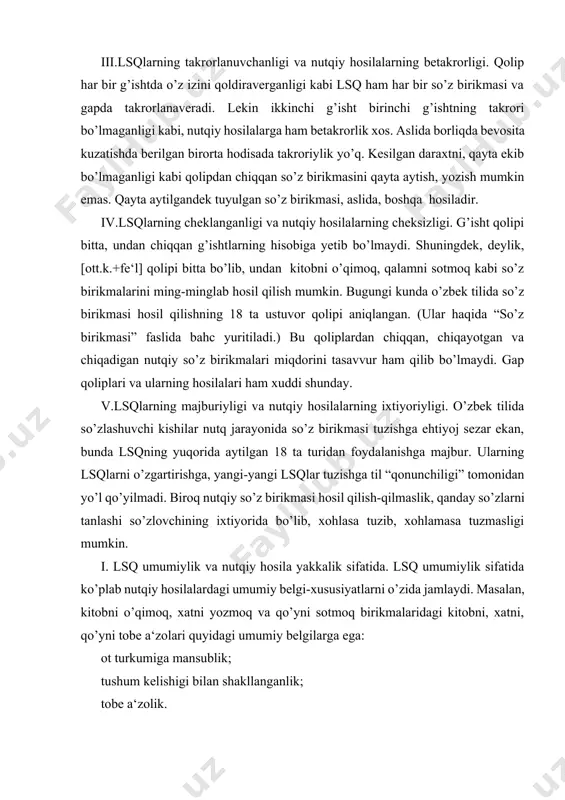 lmaganda zamoni bilan farqlanadi. nutqiy hosilalarning individualligi (alohidaligi)ni ana shunday tushunmoq lozim. iii.lsqlarning takrorlanuvchanligi va nutqiy hosilalarning betakrorligi. qolip har bir g’ishtda o’z izini qoldiraverganligi kabi lsq ham har bir so’z birikmasi va gapda takrorlanaveradi. lekin ikkinchi g’isht birinchi g’ishtning takrori bo’lmaganligi kabi, nutqiy hosilalarga ham betakrorlik xos. aslida borliqda bevosita kuzatishda berilgan birorta hodisada takroriylik yo’q. kesilgan daraxtni, qayta ekib bo’lmaganligi kabi qolipdan chiqqan so’z birikmasini qayta aytish, yozish mumkin emas. qayta aytilgandek tuyulgan so’z birikmasi, aslida, boshqa hosiladir. iv.lsqlarning cheklanganligi va nutqiy hosilalarning cheksizligi. g’isht qolipi bitta, undan chiqqan g’ishtlarning hisobiga yetib bo’lmaydi. shuningdek, deylik, [ott.k.+fe‘l] qolipi bitta bo’lib, undan kitobni o’qimoq, qalamni sotmoq kabi so’z birikmalarini ming-minglab hosil qilish mumkin. bugungi kunda o’zbek tilida so’z birikmasi hosil qilishning 18 ta ustuvor qolipi aniqlangan. (ular haqida “so’z birikmasi” faslida bahc yuritiladi.) bu qoliplardan chiqqan, chiqayotgan va chiqadigan nutqiy so’z birikmalari miqdorini tasavvur ham qilib bo’lmaydi. gap qoliplari va …