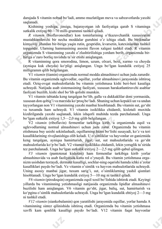 rda hujayralarning asosiy komponentlaridan biri hisoblanadi. odamlarning kundalik sarf qilgan energiya miqdoriga qarab yog‘larning kishi boshiga bir kunda iste’mol qilinadigan o’rtacha normasi 80—100 g deb qabul qilingan. yog‘lar nimadan olinishiga qarab o’simlik moylari va hayvon yog‘lariga bo‘linadi. moylar o’simliklarning deyarli hamma qismida uchraydi. odatda, o’simliklarning meva va urug’laridan moy ajratib olinadi. har xil o’simliklar uchun tarkibidagi moy mikdori xar xil bo‘ladi. masalan, chigitda 16—29, kungaboqar urug’ida 33—57, zig’irda 37—50, yongoqda 60—74, soyada 14—25, eryongoqda esa 40—61 foiz miqdorida moy bo‘ladi. shuning uchun ham bu o’simliklar moy beradigan o’simliklar deb yuritiladi. hayvonlar yog’lariga esa eritilgan mol, qo‘y, cho‘chqa yog‘lari, uy parrandalari yog‘i (tovuk, goz, urdak, kurka), ilik yog‘i, dengiz sut emizuvchi hayvonlari va baliq yog‘lari kiradi. oqsillar. oqsillar tirik organizmlarning hayotida muhim rol o’ynab, muskul, asab, qon miya to’qimalarining asosiy tarkibiy qismini tashkil etadi. oqsillar boshqa organik moddalardan tarkibida azot borligi bilan ajralib turadi. oqsillar tarkibida azot miqdori doimiy bo‘lib, o’rta …