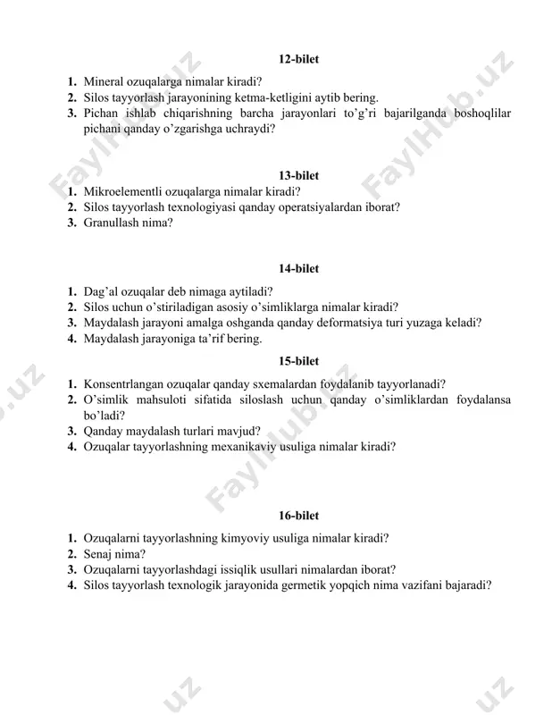 somonning to;yimliligi necha ozuqa birligiga teng? 2. mollarga yedirishdan oldin somon qanday usullar bilan to’yimliligi oshiriladi? 3. somonga ohak bilan ishlov berishning mohiyati nimadan iborat? 25-bilet 1. ozuqalarni maydalash usullari nimalardan iborat? 2. somonning hazm bo’lishini tezlashtirish va to’yimliligini oshirish maqsadida qanday usullar yordamida ishlov beriladi? 3. 1 tonna somonga ohak bilan ishlov berishda qancha ohak ko’miridan foydalaniladi? 4. ammiak suvi nima?