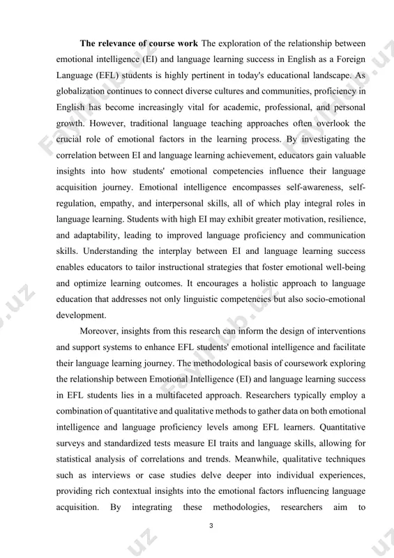 dy seeks to uncover whether individuals with higher levels of emotional intelligence demonstrate enhanced language learning aptitude and performance. additionally, it aims to identify specific emotional competencies that may contribute significantly to language acquisition success. this scientific inquiry serves to deepen our understanding of the multifaceted factors influencing language learning, bridging the gap between emotional intelligence theory and its practical implications in educational settings. ultimately, this research endeavor holds the potential to inform pedagogical strategies tailored to fostering emotional intelligence and optimizing language learning outcomes for efl students. the decision of the president of the republic of uzbekistan "on provision of information and communication technologies and personal education with highly qualified personnel of uzbekistan, additional support for the development of information technologies, development of scientific technologies and their integration with information and communication technologies[footnoteref:1]" [1: president of the republic of uzbekistan sh. mirziyoyev tashkent,august 22, 2022, pq-357] the tasks of …