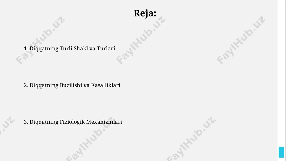 an bir qismi ongga etib boradi. diqqatning selektivligi miya korteksining 7 ± 2 birligini qayta ishlash qobiliyati bilan cheklangan bo'lib, shu sababli bir vaqtning o'zida bir nechta ma'lumot oqimini to'liq qayta ishlash qiyin. diqqatning fiziologik asoslari diqqat jarayonida miya korteksining frontal loblaridagi neyronlar faolligi 20-30% ga ortadi, bu esa ma'lum bir vazifaga selektiv e'tiborni ta'minlaydi va boshqa bevosita qo'shimcha ma'lumotlarni filtrlaydi. alfa ritmlarining (8-13 gts) amplitudasi diqqatning konsentratsiyasi paytida kamayadi, bu esa miya faoliyatining yuqori darajasini va qo'zg'alishning o'sishiga dalolat beradi. diqqatning neyroanatomik substratlari diqqatning neyroanatomik substratlarida prefrontal korteksning dorsolateral qismi, parietal korteksning posterior qismi va singulat korteksning oldingi qismi muhim rol o'ynaydi, ularning o'zaro bog'lanishi 70 dan ortiq neyrotransmitterlar orqali amalga oshiriladi. diqqatni saqlash va yo'naltirishda amigdala va gipokampus kabi limbik tizim tuzilmalari ham muhimdir, bu jarayonlarda taxminan 20 ga yaqin neyrokimyoviy moddalar faol ishtirok etadi. diqqatning turli turlari diqqatning ixtiyoriy turi ong boshqaruvi ostida boʻlib, 5-7 sekund davom …