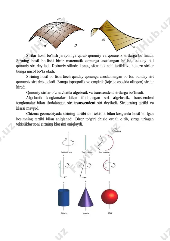 a empirik (tajriba asosida olingan) sirtlar kiradi. qonuniy sirtlar o‘z navbatda algebraik va transsendent sirtlarga bo‘linadi. algebraik tenglamalar bilan ifodalangan sirt algebraik, transsendent tenglamalar bilan ifodalangan sirt transsendent sirt deyiladi. sirtlarning tartibi va klassi mavjud. chizma geometriyada sirtning tartibi uni tekislik bilan kesganda hosil bo‘lgan kesimning tartibi bilan aniqlanadi. biror to‘g‘ri chiziq orqali o‘tib, sirtga uringan tekisliklar soni sirtning klassini aniqlaydi. 2. sirtlarda yotuvchi nuqta va to’g’ri chiziq parallellar yordamida sirt ustida nuqtalarning proyeksiyalari topiladi. masalan, aylanish sirtiga tegishli a1 va a2 nuqtalarning frontal proyeksiyalari a1″ va a2″ larning gorizontal proyeksiyalari a1′ va a2″ na parallelning gorizontal proyeksiyasi n′a da aniqlangan. ekvatorda yotuvchi b nuqtaning gorizontal b′ proyeksiyasi berilgan. uning b″ frontal proyeksiyasi ekvatorning n3″ frontal proyeksiyasida bo‘ladi. 3. sirtlarning to’g’ri chiziq va tekisliklar bilan kesishishi sirtlarning proyeksiyalovchi tekisliklar bilan kesishishi 1-masala. og‘ma elliptik konusning h1(h1v) gorizontal tekislik bilan kesishish chizig‘i yasalsin. 2-masala. sferaning n frontal proyeksiyalovchi tekislik bilan kesishuv …