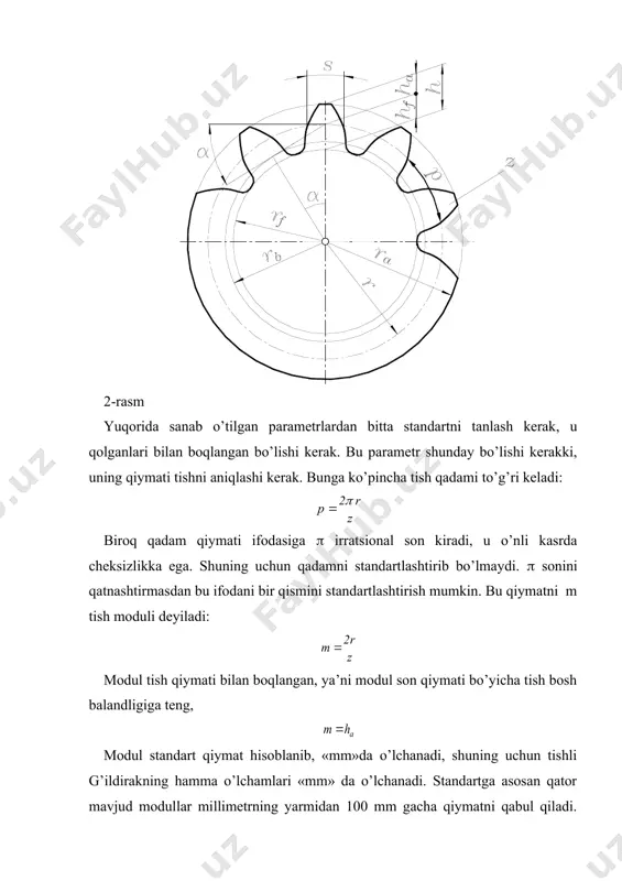 tishlar soni: z1; z2 yuqorida berilgan qiymatlardan foydalanib tishli g’ildiraklarimizning bo’luvchi aylana radiuslari hisoblab topiladi bo’luvchi aylanalar orasidagi masofa topiladi tish balandligi: h₁ = h₂ = 2.25 m = 2.25*40 = 90мм tish boshchasining balandligi: ha₁ = ha₂ = m = 40мм tish oyoqchasining balandligi: hfa₁ = hfa₂ = 1.25 m = 1.25*40 = 50мм tish boshchalaridan o’tgan aylana radiuslari: ra₁ = rω₁ + ha₁ = 480 + 40 = 520мм ra₂ = rω₂ + ha₂ = 640 + 40 = 680мм tish oyoqchalaridan o’tgan aylana radiuslari: rf₁ = r ω₁ - hfa₁ = 480-50= 490мм rf₂ = r ω₂ - hfa₂ = 640-50 = 590 мм asosiy aylana radiuslari: rb₁ = r ω₁cos α0 = 480 cos 20° = 451мм rb₂ = r ω₂cos α0 = 640 cos 20° = 601мм tish qadami: p ω = = 3.14*40 = 125.6мм qadam burchagi: tishning boshlang’ich aylana yoyi bo’yicha qalinligi: s …