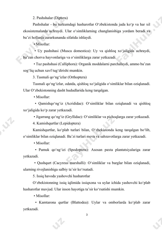 joylarda yashaydi, insonlarga noqulayliklar keltirishi mumkin. traxeyalar (traheata) kenja tipi. traxeyalilar kenja tipi 2 ta sinfga ajratiladi. l. ko'poyoqlilar (miriapoda); 2. hashoratlar (insecta). ko'p oyoqlilar sinfida ko'p zaharli turlar (slkolopendralar) mavjud. hashoratlar sinfi muhim tibbiyot ahamiyatiga ega. hashoratlar (insecta) sinfi turlari soni 1 mlnga yaqin. hamma turlar biologik progress holatida. tanasi bosh, ko'krak va qorin qismlaridan tashkil topgan. boshida sezgi a'zolari va murakkab og'iz apparati joylashadi. og'iz apparatining tuzilishi oziqlanish tipiga bog'liq. ko'kragi uch bo'g'imga ajralgan, har bir bo'g'imda bir juft oyoq rivojlangan. ko'pchilik turlarda 2 va 3 bo'g'imlarda bir juftdan qanoti bor. ammo qanotsiz yoki qanoti reduktsiyalangan turlar ham mavjud. qorin qismi har xil turlarda farqlanadigan va 6 dan 12gacha bo'g'imlardan tashkil topgan. hazm sistemasi boshqa bo'g'imoyoqlilarga qaraganda ancha differensiatsiyalashgan. qon aylanish sistemasi sust rivojlangan, asosan ovqat moddalarini va metabolitlar mahsulotlarini tashish vazifasini bajaradi. nafas sistemasi juda tarmoqlangan traxeyalardan tashkil topgan. qon aylanish sistemasining kislorod bilan ta'minlash fimksiyasini traxeyalar …