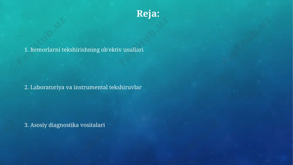 il parametrlarni, shu jumladan ph (5.0-7.0), oqsil (0-8 mg/dl) va glyukoza (0-0.8 mmol/l) darajasini aniqlash imkonini beradi. qonda xolesterin darajasini aniqlash, ldl xolesterin (100 mg/dl dan kam) va hdl xolesterin (erkaklarda >40 mg/dl, ayollarda >50 mg/dl) ko'rsatkichlarini o'lchashni o'z ichiga oladi. vital belgilarni o'lchash pulsni o'lchashda normal holatda yurak urishi soni 60 dan 100 gacha bo'lishi lozim. bradikardiya (60 dan kam) yoki taxikardiya (100 dan yuqori) patologik holat hisoblanadi. qon bosimi o'lchashda sistolik bosim 120 mm simob ustunidan, diastolik bosim esa 80 mm simob ustunidan yuqori bo'lmasligi kerak. bu ko'rsatkichlar gipertoniya xavfini baholashda muhim. bemorlarni tekshirishning ob'ektiv usullari umumiy qon tahlili gemoglobin (120-150 g/l), eritrotsitlar, leykotsitlar va trombotsitlar sonini baholaydi. bu ko'rsatkichlar yallig'lanish, anemiya va qon kasalliklarini aniqlashda muhim rol o'ynaydi. rentgen tekshiruvi suyak sinishlari, o'pka kasalliklari va boshqa patologiyalarni aniqlashda yordam beradi. radiatsiyaning ionlashtiruvchi xususiyatidan foydalanadi, shu sababli 10 msv dan oshmasligi kerak. auskultatsiya ўпка аускултациясида нафас олиш шовқинлари …