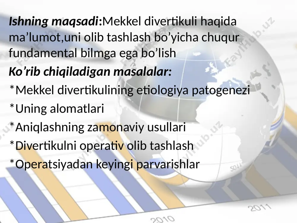 'liq va to'liq bo'lmagan kindik oqmalari asoratlarini keltirib chiqarishi mumkin. divertikulning devori ichak bilan bir xil morfologik tuzilishga ega. ammo, ko'pincha ushbu tuzilish to'qimalarida me'da shilliq qavatining elementlari yoki oshqozon osti bezi uchun xos bo'lgan hujayralar topiladi. muayyan sharoitlarda ushbu elementlar xlorid kislotasini yoki ba'zi fermentlarni ajratib yuborishi mumkin, bu divertikul devorining holatiga salbiy ta'sir qiladi va ko'pincha uning namoyon bo'lishiga olib keladi. bolaning ona qornidagi rivojlanish davrida, ichak naychasini o‘t pufagi bilan tutashtirib turadigan o‘t yo‘lining o‘sib yetilmaganligi ernbriogenez buzilishlari natijasida shunga olib keladiki, bu yo‘l boshidan oxirigacha ochiq qoladi va bu holda ichak bilan kindik o‘rtasida muayyan sohada oqma bo'ladi, bu esa, o‘z navbatida, yopiq bo‘shliq hosil boiishiga olib keladi. ingichka ichak devori oldida joylashgan o‘t yo'lining bir qismigina o‘sib etilmagan hollarda (qolgan hamma joyda to'liq obliteratsiya bo'lganda) divertikul hosil bo‘ladi. uni tasvirlab bergan muallif mekkel(1811) sharafiga mekkel divertikuli deb yuritiladi. odatda, bu divertikul ileotsekal burchakdan 1, 1,5 …