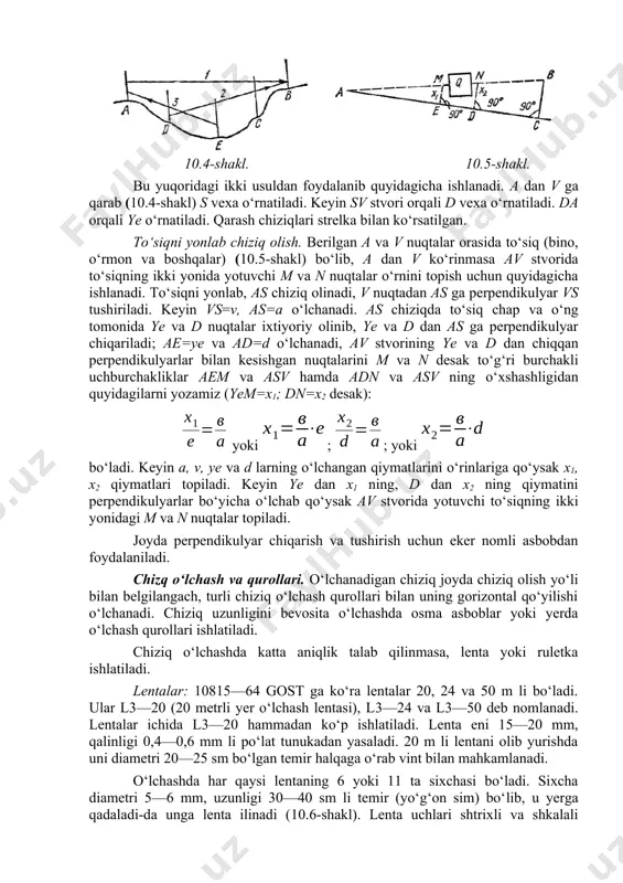 qali chiziq olish. berilgan a va v nuqtalar orasida jarlik bo‘lsa, jarlik tagida av stvorida s, ye, d kabi nuqtalar o‘rnini aniqlash kerak deylik. bu masala ko‘proq ko‘prik, akveduk kabi inshootlar qurishda uchraydi. 10.4-shakl. 10.5-shakl. bu yuqoridagi ikki usuldan foydalanib quyidagicha ishlanadi. a dan v ga qarab (10.4-shakl) s vexa o‘rnatiladi. keyin sv stvori orqali d vexa o‘rnatiladi. da orqali ye o‘rnatiladi. qarash chiziqlari strelka bilan ko‘rsatilgan. to‘siqni yonlab chiziq olish. berilgan a va v nuqtalar orasida to‘siq (bino, o‘rmon va boshqalar) (10.5-shakl) bo‘lib, a dan v ko‘rinmasa av stvorida to‘siqning ikki yonida yotuvchi m va n nuqtalar o‘rnini topish uchun quyidagicha ishlanadi. to‘siqni yonlab, as chiziq olinadi, v nuqtadan as ga perpendikulyar vs tushiriladi. keyin vs=v, as=a o‘lchanadi. as chiziqda to‘siq chap va o‘ng tomonida ye va d nuqtalar ixtiyoriy olinib, ye va d dan as ga perpendikulyar chiqariladi; ae=ye va ad=d o‘lchanadi, av stvorining ye va d dan …