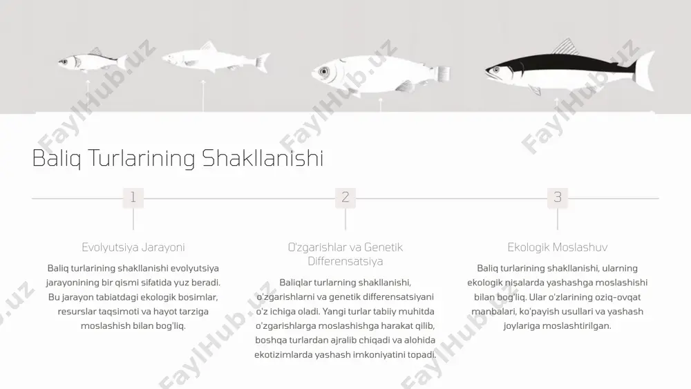 o'nalishlari ichida baliq ovlashning miqdorini cheklash, yangi turlarni muhofaza qilish va ularning sonini saqlash masalalari mavjud. 2 resurslarni boshqarish resurslarni boshqarishning samarali tizimi, baliq turlarining ekologik xavf-xatarlarini kamaytirishga yordam beradi. 3 ko'payish tezligi baliq turlarining sonini tartibga solish uchun, ularning ko'payish tezligi, yashash joyi va ekologik ehtiyojlarini hisobga olish zarur. 10 iqlim o'zgarishining baliq turlariga ta'siri 1 haroratning o'zgarishi harorat, suv darajasi va sho'rlikning o'zgarishi baliqlarni migratsiya qilishga, ko'payish joylarini o'zgartirishga undaydi. 2 yashash joylarining o'zgarishi iqlimning o'zgarishi, baliqlarning yashash joylarining qisqarishiga yoki kengayishiga sabab bo'lishi mumkin. 3 ovqat zanjiriga ta'sir shuningdek, iqlimning o'zgarishi baliqlarning ovqat zanjiriga ham ta'sir qiladi, bu esa o'z navbatida, baliq turlarining kelajakdagi rivojlanishiga ta'sir qiladi. 11 image2.png image1.png image3.png image4.png image5.png image6.png image7.png image8.png image9.png image10.png image11.png image12.png image13.png image14.png image15.png image16.png image17.png image18.png image19.png image20.png image21.png image22.png image23.png