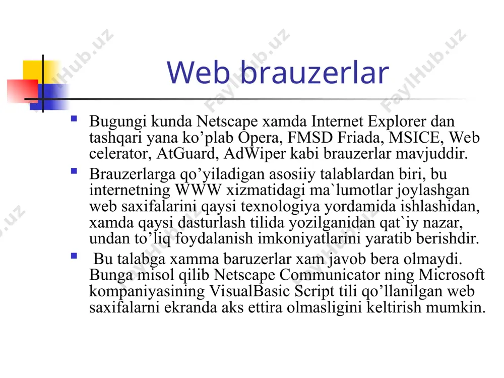jixozlangan. microsoft frontpage 2003 dastur imkoniyatlari microsoft frontpage 2003 dasturi - world wide web sahifalarini yaratish, tahrirlash va nazorat qilish dasturidir. ushbu dastur yordamida elеktron uslubiy ishlamaning asosiy saxifalarini yaratishda, matnlarni kiritish, tahrirlashda, har xil formalar va web sahifalar uchun boshqa elеmеntlarni kiritish uchun juda qulay bo`lib, bu dastur orqali tayyorlangan web sahifalarni xuddi brauzеrlarda ko`rayotgandеk ko`rish imkonini ham bеradi. microsoft frontpage 2003 dastur imkoniyatlari frontpage editor dasturidan foydalanib web sahifalar yaratish uchun, u html tili haqida bilim talab qilmaydi, bu tilni o`zlashtirmasdan ham ko`pgina web sahifalar yaratish imkonini bеradi va u sahifalarni avtomatik ravishda html tili kodiga aylantirib bеradi. bulardan tashqari frontpage editor html tili kеngaytmasi imkoniyatlarini hosil qilishga ham, ya`ni, xuddi frеmlar ko`rinishida, activex muhitida boshqarish, java applets vb scripts - dasturlash tillarini ham qo`llab-quvvatlaydi. quyida microsoft frontpage 2003 dasturidan foydalanish imkoniyatlarini kеltiramiz: mavjud shablonlardan foydalanib, yangi html sahifalarini yaratish; sahifa formatlarining yig`indisi va ularni yaratuvchi ustalar bilan …