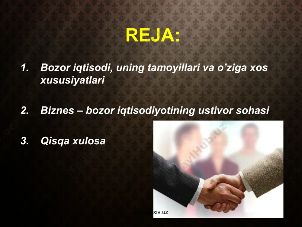 orligini oshirishni esa yuqori foyda olish rag’batlantiradi. bozor iqtisodiyoti qadimgi davrlarda vujudga kela boshlagan bo’lsada, uch yuz yildan beri amal qilib kelmoqda. tovarlarni ayirboshlash zaruratidan kelib chiqqan bozor asta-sekinlik bilan jamiyatdagi iqtisodiy aloqalarning asosiy shakliga aylanib bordi. bozor munosabatlarining rivojlanishi bilan odamlar tovarlarni ayirboshlash qandaydir sirli aloqalarga egaligini tushuna boshlagan bo’lib, ularni adam smit o’z vaqtida «ko’rinmas qo’l» deb atagan. www.arxiv.uz www.arxiv.uz hozirgi kunda bozor adam smit davridagi yoki k.marksning «kapital» asarida tasvirlangan bozorga unchalik o’xshamaydi, albatta. biroqning bozorning asosi sezilarli o’zgarmagan. narx, qiymat, raqobat, talab va taklif – bularning barchasi bozor toifalaridir. bozor mexanizmini to’g’ri tushunish uchun narx va qiymat o’rtasidagi farqni tasavvur qila olish, iste’mol va ayirboshlash qiymati nima ekanligini, raqobatning asosiy belgilarini bilish zarur. bu erda yana bir narsaning ahamiyati bundan kam emas: tovar ayirboshlash sohasi sifatida bozor dinamikasi yuqori bo’lib, barqarorlik darajasi past hamda o’z agentlariga talablari yuqoriligi bilan ajralib turadi. bunday sharoitlarda korxonaning muaffaqiyatga erishuvi …