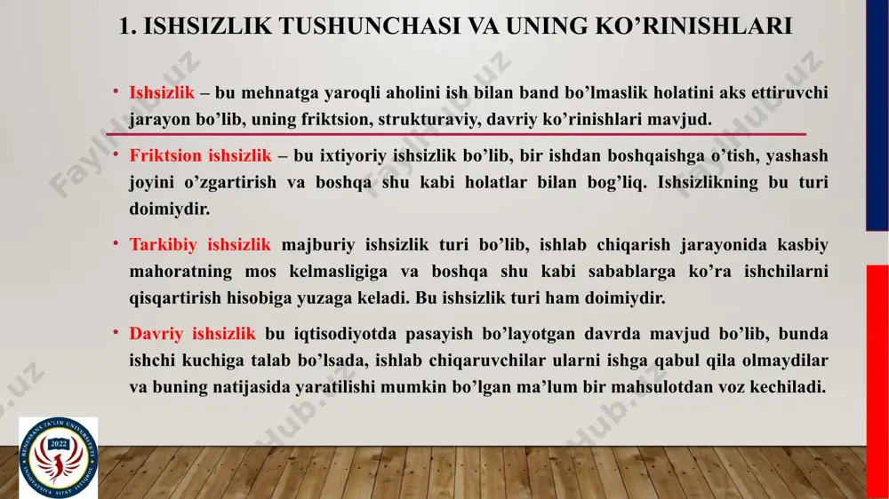 rajadan ortiq, ayrim hollarda undan past ham bo’lishi mumkin. (ish vaqtidan ortiqcha ishlash va o’rindoshlik ishlarida band bo’lish natijasida). ikkinchidan, ishsizlikning tabiiy darajasi o’z - o’zicha doimiy miqdor hisoblanishi shart emas, u tartibdagi o’zgarishlar (qonunlar va jamiyat urf–odatlaridagi o’zgarishlar) oqibatida o’zgarib turishi mumkin. masalan, xx asrning 60–yillarida friktsion va tarkibiy ishsizlarning muqarrar darajasi ishchi kuchining 4% ni tashkil qildi deb hisoblangan. boshqacha aytganda, ishchi kuchining 96% band bo’lganda to’liq bandlilikga erishilishi tan olingan. hozirgi davrda iqtisodchilar ishsizlikning tabiiy darajasi taxminan 5 - 6% ga teng deb hisoblaydilar. 2. ishsizlik sabablari hozirgi sharoitdagi ishsizlik–bozor munosabatlarini shakllantirish jarayonida rivojlanish bosqichlari oqibatida yuzaga kelgan voqelikdir. jamiyat holatining ijtimoiy-iqtisodiy mezoni sifatida ishsizlikka munosabat vaqt o’tishi bilan o’zgardi, biroq ishsizlik keltirgan zarar mamlakatni iqtisodiy rivojlanishida sezilarli ortda qolishiga olib keladi. iqtisodiy faollikni oshishi yoki pasayishi mamlakatdagi bandlik va ishsizlik darajasini o’sish hamda pasayishining asosiy sabablari hisoblanadi. iqtisodiyotning davriy rivojlanishi va iqtisodiy faollikning bir necha yillar …