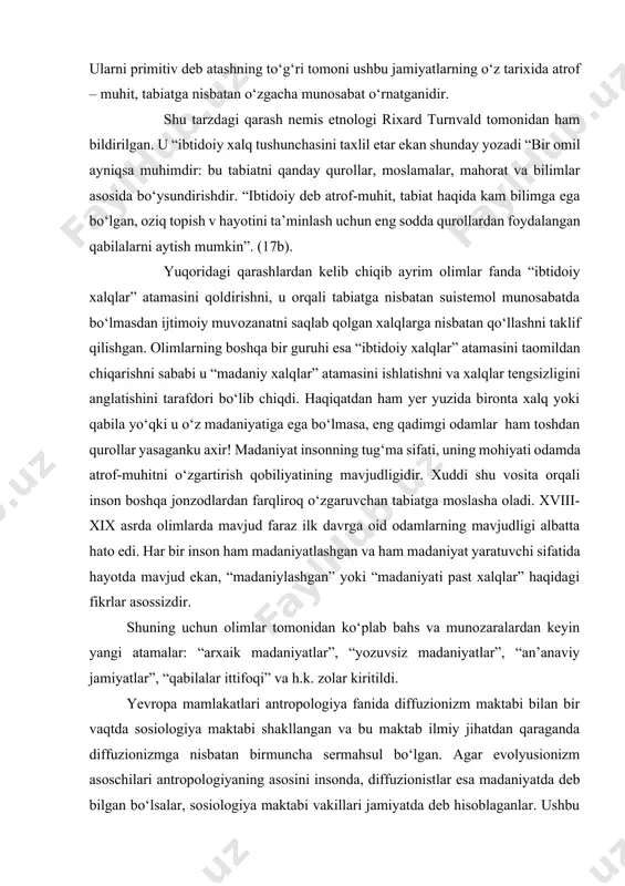 ko‘plab bahs va munozaralardan keyin yangi atamalar: “arxaik madaniyatlar”, “yozuvsiz madaniyatlar”, “an’anaviy jamiyatlar”, “qabilalar ittifoqi” va h.k. zolar kiritildi. yevropa mamlakatlari antropologiya fanida diffuzionizm maktabi bilan bir vaqtda sosiologiya maktabi shakllangan va bu maktab ilmiy jihatdan qaraganda diffuzionizmga nisbatan birmuncha sermahsul bo‘lgan. agar evolyusionizm asoschilari antropologiyaning asosini insonda, diffuzionistlar esa madaniyatda deb bilgan bo‘lsalar, sosiologiya maktabi vakillari jamiyatda deb hisoblaganlar. ushbu yo‘nalish vakillarining bunday xulosaga kelishlarining boisi ular orasida «jamiyatni oddiy individlarga kiritib bo‘lmaydi», - degan qarash ustuvor edi. emil dyurkgeym – (1858-1917)ning asosiy ishlari: “jamoaviy mehnatning bo‘linishi” (1893), “sosiologik metod qoidalari” (1895), “diniy hayotning oddiy shakllari” (1912)[footnoteref:1]. [1: qarang: durkheim e. de la division du travail social. p., 1893. о‘sha muallif. les regies de la methode ociologique. p., 1895. о‘sha muallif . о разделении общественного труда. м., 1991.; о‘sha muallif. метод соsиологии. м., 1991.] sosiologiya maktabi vakillarining ta’kidlashlaricha, jamiyat odamlar orasidagi o‘zaro ongli aloqalari natijasida tashkil topgan. bu maktab …