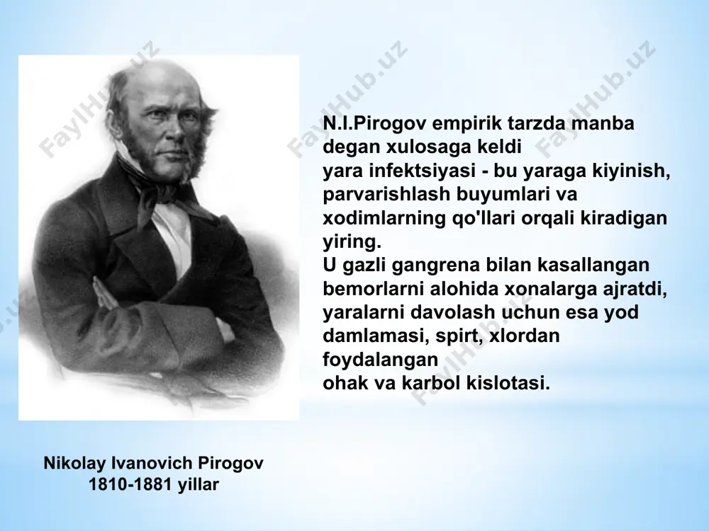 . - isitish va shamollatish xodimlarning ishi va bemorlarning salomatligi uchun maqbul sharoitlarni ta'minlashi kerak. – uskunalar jarrohlik va anesteziologiyaning zamonaviy talablariga javob berishi, iloji bo‘lsa, operatsiya xonalaridan tashqarida joylashgan bo‘lishi kerak. - toza va yiringli jarrohlik kasalliklari uchun operatsiya xonalari o'rtasida to'liq ajratilgan bo'lishi kerak. kontakt infektsiyasining oldini olish sterilizatsiya - mikroblardan jismlarni fizik yoki kimyoviy omillar ta'sirida to'liq chiqarish. dezinfektsiya - yuqumli kasalliklar va asoratlarning qo'zg'atuvchilarini yuborish yo'llarini buzish uchun atrof-muhit ob'ektlarida odamlar uchun potentsial patogen mikroblarni yo'q qilish. jismoniy usullar: termal va radiatsiya usullari kimyoviy usullar: etilen oksidi sterilizatsiyasi, perasetik kislota bilan ishlov berish va boshqalar. sterilizasyon usullari -quruq issiq havo sterilizatsiyasi (aerosterilizatsiya) - quruq-issiqlik shkaflarida amalga oshiriladi. asboblar va shpritslar maxsus metall to'r yoki kraft qog'ozga joylashtiriladi va 1 soat davomida 180-200 daraja haroratda sterilizatsiya qilinadi. mahsulotlar,sterillangankraft qog'ozda 3 kun davomida steril bo'lib qoladi va ochiq to'rlarda sterilizatsiya qilingandan so'ng darhol foydalanish kerak. - sterilizatsiya uchunbosimli …