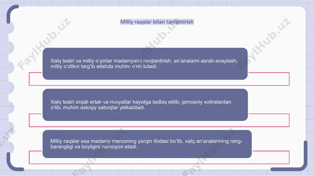 y raqslar hal qiluvchi o‘rin tutadi. ular jamiyatning qadriyatlari va e'tiqodlarini ifodalovchi ijtimoiy sharhlash vositasi bo'lib xizmat qiladi. spektakllar orqali xalq teatri, milliy raqslar an’analarni asrab-avaylaydi, odamlarni yaqinlashtiradi. madaniy tarbiyada xalq teatrining roli xalq teatri va milliy o‘yinlar an’anaviy san’at turlarini asrab-avaylash va targ‘ib etish orqali madaniyat taraqqiyotida hal qiluvchi o‘rin tutadi. ular madaniy ta'lim uchun kuchli vosita bo'lib xizmat qiladi, bu odamlarga o'z merosi bilan bog'lanish va ularning tarixini o'rganish imkonini beradi. xalq teatri orqali odamlar nafaqat ko‘ngilochar, balki ota-bobolarining qadriyatlari, e’tiqodlari, urf-odatlari haqida ham ma’lumot oladilar. milliy raqslar orqali o'zlikni nishonlash xalq teatri va milliy raqslar o‘zlikni tanlab, madaniy taraqqiyotda muhim rol o‘ynaydi. ular jamoalarga o'z an'analarini ifodalash va o'z merosini namoyish qilish uchun platforma yaratadi. spektakllar va hikoyalar orqali xalq teatri va milliy raqslar madaniy xilma-xillikni saqlash va targ‘ib qilishga hissa qo‘shadi. 1 2 3 xalq teatri va uning xalq madaniyatiga ta’siri madaniy taraqqiyotda xalq teatri va …