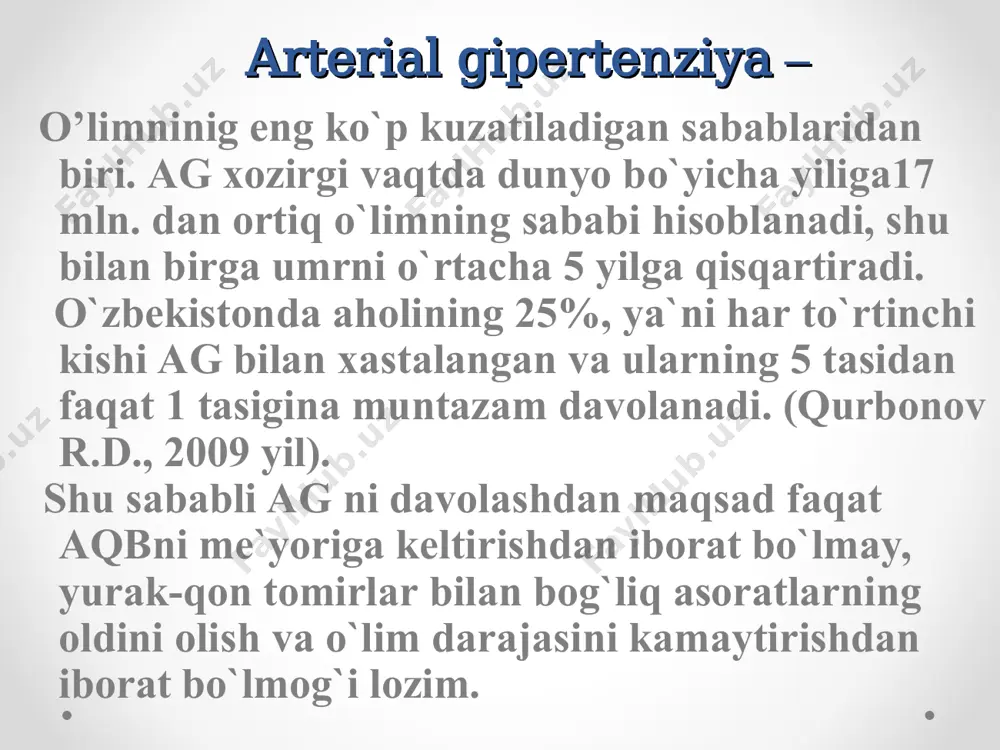 kechuvchi gemorragiya va ekssudasiyasi. qon tomirlari: aortaning qavatlanuvchi anevrizmasi; arteriyalarning klinik belgilar bilan kechuvchi okklyuzion zararlanishlari. arterial qon bosimi darajalari tasnifi 2002 y kategoriya sistolik diastolik optimal 180 >110 yakkalangan sistolik gipertenziya >140 30% klinikasi shikoyatlari bosh og'rig'i bosh aylanishi хotira susayishi boshda shovqin ko'zlar oldida «dog'lar» uchishi va ko'rishning boshqa turli buzilishi yurak sohasida og'riq hansirash tez charchash tushkun kayfiyat klinikasi anamnestik ma`lumotlar oilaviy anamnez lipid almashinuvi buzilishi ag davomiyligi dori vositalarini qabul qilishi yondosh kasalliklarining mavjudligi ikkilamchi ag simptomlarini aniqlash hayot tarzini baholash klinikasi fizikal tekshiruv bemorning holati semizlik – ayniqsa abdominal semizlik oyoqlar shishi teri rangi nevrologik simptomlar yurak sohasi ko'rigi, palpatsiyasi va perkussiyasi i bosqich – o'zgarishlarsiz ii – iii bosqich – cho'qqi turtkisining kuchayishi va chapga siljishi, yurak nisbiy chegarasining chapga siljishi, qon tomirlari tutamining kengayishi gkda yurak chap qorinchasi miokardining kontsentrik (a) va ekstsentrik (b) gipertrofiyasi. yurak auskultatsiyasi i ton kuchsiz yoki «soqov» aorta …
