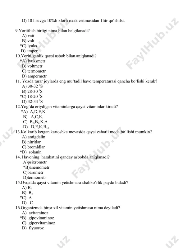 ar c) bromidlar *d) solanin 14. havoning harakatini qanday asbobda aniqlanadi? a)psixrometr *b)anemometr c)barometr d)termometr 15.ovqatda qaysi vitamin yetishmasa shabko‘rlik paydo buladi? a) b1 b) b2 *c) a d) c 16.organizmda biror xil vitamin yetishmasa nima deyiladi? a) avitaminoz *b) gipovitaminoz c) gipervitaminoz d) flyuoroz 17. ovqatda yod yetishmasa qaysi kasallik paydo buladi? a) flyuoroz *b) endemik buqoq c) beri-beri d) karies 18.birinchi marta gigiyena kafedrasini boshqargan olimni ayting? *a) a.dobroslavin b)i.mechnikov c)l.paster d)f.erisman 19. harbiylar pantosid tabletkalardan nima maqsadda foydalanishadi? a)qorinni to’ydirish uchun b)suvni rangsizlantirish uchun c)ichburug’ni davolash uchun *d) suvni zararsizlantirish uchun 20.skolioz nima? *a) umurtka pog‘onasining patologik qiyshayishi b) oyok suyaklarinig qiyshayishi c) o‘pkada chang taʻsirida kelib chiqadigan kasallik d) tana suyaklarinig jadal o‘sishi 21. kesson kasalligi qanday kasallik? a) past atmosfera bosimi natijasida kelib chiqadigan kasallik *b) yuqori atmosfera bosimi taʻsirida kelib chiqadigan kasallik c) baland tog‘ sharoitida ishlaganda kelib chiqadigan kasallik d) kemalarda uzok suzganda …