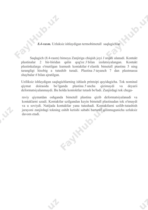 mumkin.[1] avtomobil elektr tarmoqlarini me'yoridan ortiq yuklamalar va qisqa tutashuvlardan asrash uchun ularga saqlagichlar qo'yiladi. dvigatelni ishga tushirish va o't oldirish tizimlaridan boshqa barcha zanjirlar saqlagichlar bilan himoyalanadi. avtomobillarda asosan eruvchan va termobimetall saqlagichlar ishlatiladi. saqlagichlarni tanlashda ularning ta'sirlanish tezilgi, nominal va kritik toklarning nisbati hisobga olinadi. saqlagichlarning asosiy tavsifnomasi - saqlagichning ta'sirlanish vaqtini yuklama tokiga bog'liqligidir. agar saqlagichning ta'sirlanish vaqti, o'tkazgichning haroratini chegaraviy temperaturagacha ko'tarilish (qisqa tutashuv toki ta'sirida) vaqtidan kam bo'lsa, bunday saqlagich ushbu zanjirni ishonchli himoya qilinishini ta'minlaydi. eruvchan saqlagichlar yengil eruvchi metal yoki kesimi kichik bo'lgan qalaylangan mis simi qistirmaga ega. nominal tok qiymati 50% oshganda eruvchan qistirma i minut davomida erib ketadi. ishlatish quliay bo'lishi uchun eruvchan saqlagichlar uchta va undan ortiq saqlagichlarga ega bo'lgan bloklarga birlashtiriladi. termobimetall saqlagichlar. avtomobillarda uzluksiz va bir marta ishlaydigan termobimelall saqlagichlar ishlatiladi. bu turdagi saqlagichlar yuklama nominal qiymatidan 150% ga ortganda zanjirni uzadi. saqlagich ta'sirlashish vaqti 20 s dan …