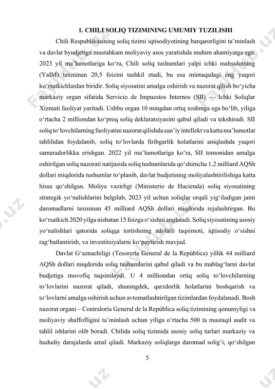 i soliq to‘lovchilar o‘z hisob-kitoblarini real vaqt rejimida kuzatish, qarzdorliklarni aniqlash va to‘lovlarni amalga oshirish imkoniyatiga ega. chili hukumati soliqqa oid qonunchilikni doimiy ravishda takomillashtirishga intilmoqda. 2022 yilda yangi soliq islohoti qabul qilinib, u kichik va o‘rta bizneslarni qo‘llab-quvvatlashga qaratilgan soliq imtiyozlari va soddalashtirilgan hisob-kitob tizimlarini joriy etdi. bu islohotlar natijasida 2023 yilda kichik biznes sub’yektlari tomonidan to‘langan soliqlar hajmi 10 foizga oshdi. ushbu o‘zgarishlar mamlakatning iqtisodiy diversifikatsiyasini rag‘batlantirishga va ish o‘rinlarini ko‘paytirishga yordam bermoqda. chili respublikasi soliq tizimining asosiy maqsadi soliqlar orqali jamiyatning barcha qatlamlari o‘rtasida adolatli moliyaviy taqsimotni ta’minlash, iqtisodiy faoliyatni rag‘batlantirish va davlat xizmatlarini barqaror moliyalashtirishdir. ushbu maqsadga erishishda soliq organlarining samarali ishlashi, soliq qonunchiligining zamonaviyligi va iqtisodiy realiyatlarga mosligi muhim rol o‘ynaydi. mamlakatda soliq madaniyatining oshirilishi va soliqqa rioya qilish ko‘rsatkichining yaxshilanishi uchun targ‘ibot ishlari ham doimiy olib boriladi. chili soliq tizimi nafaqat davlat byudjetining barqarorligini ta’minlovchi, balki iqtisodiyotni qo‘llab-quvvatlovchi, jamiyatda soliq adolatini mustahkamlovchi muhim mexanizm …
