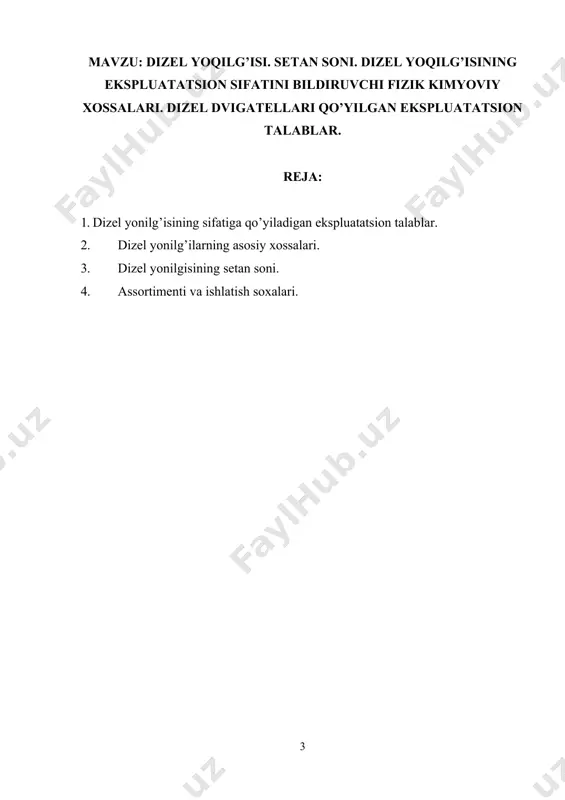 laridaga yonilg’i yonganda chiqqan issiqlik katta bo’lib, avtomobillarga 600 km va undan ortiq zapas yo’l yurishga imkon beradi. belgilangan quvvat va tejamkorlik ko’rsatkichlarida hamda ishlatilgan gazlarni tutun kam chiqarib dvigatelning ishonchli va uzoq muddat ishlashini ta’minlash uchun dizel yonilg’isining sifati davlat standartlari talablariga javob berishi lozim. 1. dizel yonilg’isining sifatiga qo’yiladigan ekspluatatsion talablar. dizel dvigatellarida yonilg’i to’la va sifatli yonishi uchun ular quyidagi ekspluatatsion talablariga javob berishi kerak: 1. yuqori bosim nasosi uzluksiz va puxta ishlashi uchun yonilg’i yaxshi so’rilishi va haydalishi uchun yonilg’i optimal qovushqoqlikka, zarur past harorat xossalariga ega bo’lishi lozim. 2. mayin to’ziydigan va yaxshi yonuvchi aralashma hosil qiladigan bo’lishi (buning uchun fraksion tarkibi va qovushqoqligi optimal darajada bo’lishi) zarur. 3. dvigatelni oson yurg’izib yuborilishi va "yumshoq" ishlashi uchun tutun hosil qilmasdan batamom yonishi kerak (bu yonilgining setan soni, qovushqoqligi va fraksion tarkibiga bog’liq). shuningdek yonilg’i barqaror yonishi, hamda yonganda mumkin qadar ko’p issiqlik chiqarishi zarur. 4. …
