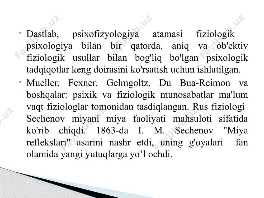 er va fexnerning maqsadi tashqi ta`sirotlar (fizik omillar) ta`sirida sezgilarning o’zaro munosabatlari sohasidagi qonuniyatlarni topishdan iborat edi. fexner eksperimental metodlar asosida sezgilarning ortib borishi bilan ularni qo’zg`atuvchi ta`sirlar o’rtasidagi qiyosiy munosabatni aniqlab, sezgi qo’zg`atgich logarifmiga proportsionaldir, degan psixofizik qonunni kashf etadi. veber va fexner o’tkazgan tajribalar «psixofizika» degan alohida fanning paydo bo’lishiga olib keldi. veber va fexner ishlarining ahamiyati, asosan, shundan iboratki, ular birinchi bo’lib psixologiyani, tabiat fanlari singari, eksperimental fanga aylantirish mumkin ekanligini isbotladilar. xix asrning 60-80-larida psixofizyologiyaning jadal rivojlanishi boshlandi.buning sababi shundaki, ishlab chiqarishni industrializatsiya qilish va sanoat va armiyani texnik qayta jihozlash ushbu faoliyat bilan shug'ullanadigan shaxslarning malakasini oshirish va rivojlanish va ta'limning umumiy darajasini talab qildi. shu sababli, o'sha davrdagi rivojlangan mamlakatlarda (germaniya,angliya va fransiya) umumiy boshlang'ich ta'lim joriy etildi.bu esa, o'z navbatida, qobiliyatli va iqtidorli bolalarni psixologik tanlash, qobiliyatsizlik muammolari va umuman olganda o'rganish qobiliyatining pastligi, eksperimental psixologlar qaror qabul qilish muammolarini ilgari surdi. ya'ni, …