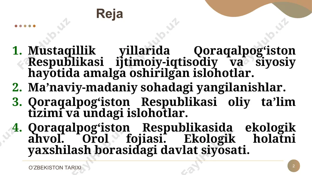 imiy do‘stlikni, hudud, til va madaniyatdagi mushtaraklikni yanada mustahkamladi. qoraqalpog’iston respublikasi davlat ramzlari davlat ramzlari * * parlament- qoraqalpog’iston respublikasi jo’qorg’i kengesi hisoblanadi. 86 deputatdan iborat. uning raisi, bir paytning o’zida o’zbekiston respublikasi senati raisining birinchi o’rinbosari hisoblanadi. qoraqalpog’iston respublikasi iqtisodiyoti 1991-2000-yillarda * 1999-yilning 1-yanvarigacha bo‘lgan ma’lumotlarga qaraganda xususiylashtirishdan tushgan mablag‘larning umumiy xajmi 650 million so’mni tashkil etdi. uning 20% respublika ijtimoiy taraqqiyotiga ajratildi. 50% esa tadbirkorlarni qo’llab-quvvatlash maqsadida imtiyozli kreditlar ajratishga sarflandi. * yirik sanoat korxonalari * ustyurt gaz-kimyo kombinati. 2012 – yil ustyurt gaz-kimyo kombinati * mulkni davlat tasarrufidan chiqarish ishlab chiqarishda nodavlat sektorning ulushi 1997-yilning 1-yanvar holatiga ko’ra * qoraqalpog’iston respublikasining tashqi savdodagi asosiy sheriklari eksport qilingan tovarlar hajmi 1996-yilda 122,9 mln dollarga teng bo‘ldi. g’arb mamlakatlariga eksport qilingan xom ashyo 113,6 mln dollarni tashkil etdi. paxta tolasi jami eksport mahsulotlarining 95% ni tashkil etdi. tashqi savdo aylanmasida importning salmog‘i 1996-yilda 46,2% ni tashkil kildi. * orolbo’yi …