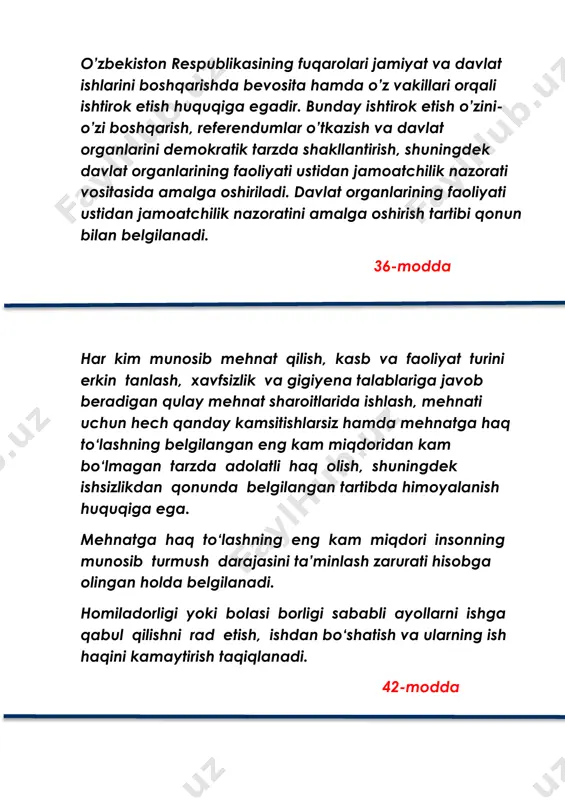 ng qonunchilik palatasi deputati va senati a’zosi bo‘lishi mumkin emas. o‘zbekiston respublikasi oliy majlisi qonunchilik palatasining deputati bir vaqtning o‘zida qoraqalpog‘iston respublikasi jo‘qorg‘i kengesining, viloyatlar, tumanlar, shaharlar davlat hokimiyati vakillik organlarining deputati bo‘lishi mumkin emas. 92-modda qonunchilik tashabbusi huquqiga o‘zbekiston respublikasi prezidenti, davlat hokimiyatining oliy vakillik organi orqali qoraqalpog‘iston respublikasi, o‘zbekiston respublikasi oliy majlisining qonunchilik palatasi deputatlari, o‘zbekiston respublikasi vazirlar mahkamasi ega. o‘zbekiston respublikasining konstitutsiyaviy sudi, oliy sudi va bosh prokurori ham o‘z vakolatlari jumlasiga kiritilgan masalalar bo‘yicha qonunchilik tashabbusi huquqiga egadir. qonunchilik tashabbusi huquqi qonun loyihasini qonunchilik tashabbusi huquqi subyektlari tomonidan o‘zbekiston respublikasi oliy majlisining qonunchilik palatasiga kiritish orqali amalga oshiriladi. o‘zbekiston respublikasining saylov huquqiga ega bo‘lgan, yuz ming nafardan kam bo‘lmagan fuqarolari, o‘zbekiston respublikasi oliy majlisining senati, o‘zbekiston respublikasi oliy majlisining inson huquqlari bo‘yicha vakili (ombudsman), o‘zbekiston respublikasi markaziy saylov komissiyasi qonunchilik takliflarini qonunchilik tashabbusi tartibida o‘zbekiston respublikasi oliy majlisining qonunchilik palatasiga kiritishga haqli. qonun loyihalarini, qonunchilik takliflarini …