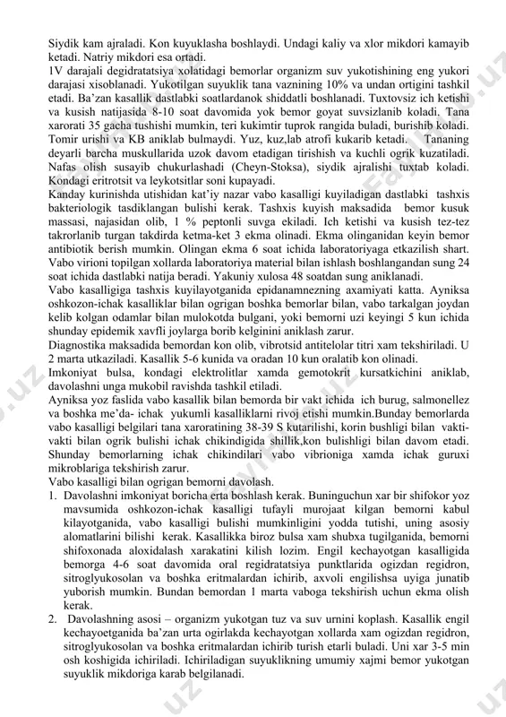 aoliyat kursatadigan: vabo gospitali, izolyator, provizor gospital kaysi shifoxonada xisobiga, kanday binoda tashkil etilishini xar bir tuman buyicha anik belgilanadi. bu maksadda mavjud tibbiyot muassalarida foydalanishni kuzda tutgan ma’kul. zarurat bulganida ishlatiladigan dori darmon, bakpreparatlar, dezinfeksiyalovchi moddalar, kattik va yumshok jixoz zaxiralari taxt kuyib kuyiladi. barcha tibbiyot xodimlarini xar yili vabo buyicha maxsus dastur asosida ukitish kerak. vabo kasalligi yoki vibrion tashuvchi aniklanganida utkaziladigan tadbirlar. vabo bilan ogrigan bemor, yoki vibrion tashuvchi aniklanganida . darxol kasallik uchogida uni cheklash choralarini amalga oshirish zarur. kasallik uchogini cheklash uchun kuydagi ishlarni 24 soat ichida yulga kuyish talab kilinadi. 1. telefon orkali zudlik bilan xokimiyatga,tibbiyot organining yukorii raxbariga xabar etkaziladi. 2. dastlabki bemorlarni uz vaktida aniklab, aloxida tashkil etilgan vabo gospitaliga keltiriladi. shu kundan boshlab vabo uchogida ichi buzilib shifokorga murojat kilgan barcha bemorlar provizor gospitaliga etkazilib, ular antibiotik berish oldidan, dastlabki soatlarida 3 marta vabo vibrioniga tekshiriladi, ogir xoldagi bemorlardan esa, regidratatsiya …