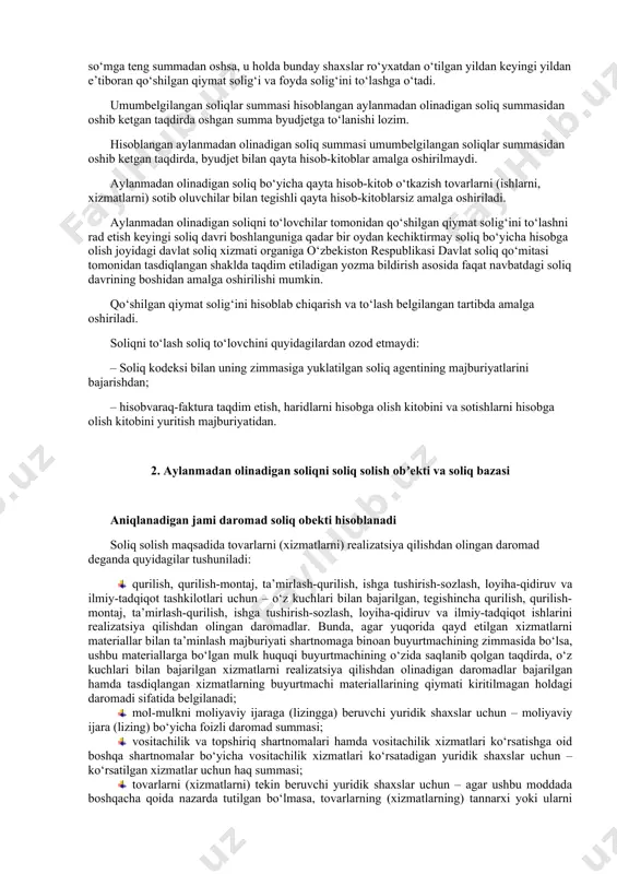 ningdek, foydalanilmayotgan ishlab chiqarish maydonlarining mulkdori bo‘lgan yuridik shasxlarga, ulardan samarasiz foydalanilayotganligi bo‘yicha qonunda belgilangan tartibda xulosa kiritilganda; 8) markazlashtirilgan moliyalashtirish manbalari hisobidan obektlarni (joriy va kapital ta’mirlash bundan mustasno) qurishni bajaruvchi yuridik shaxslarga. soliq to‘lovchilar qo‘shilgan qiymat solig‘i va foyda solig‘ini to‘lash o‘rniga aylanmadan olinadigan soliq (bundan buyon ushbu bo‘limda soliq deb yuritiladi) to‘lashni nazarda tutadigan maxsus soliq rejimini tanlashga haqlidir. soliq to‘lovchilar aylanmadan olinadigan soliq to‘lashga navbatdagi soliq davridan boshlab o‘tishga haqli. aylanmadan olinadigan soliqni to‘lashga o‘tish uchun soliq to‘lovchilar aylanmadan olinadigan soliqni to‘lashga o‘tishi to‘g‘risida soliq hisobida turgan joyidagi soliq organini o‘zbekiston respublikasi davlat soliq qo‘mitasi tomonidan belgilangan shaklda, biroq aylanmadan olinadigan soliqni to‘lashga o‘tilayotgan navbatdagi soliq davri boshlanishiga qadar o‘n kundan kechiktirmay xabardor qiladi. yangi tashkil etilgan yuridik shaxslar davlat ro‘yxatidan o‘tkazilgan kundan e’tiboran tadbirkorlik faoliyati subektini davlat ro‘yxatidan o‘tkazish chog‘ida tanlangan soliq solish tartibini ko‘rsatish orqali aylanmadan olinadigan soliqni to‘lash tartibini tanlash huquqiga ega. qo‘shilgan …