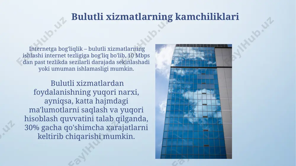 rtnomalardagi nozik jihatlarni batafsil o'rganish kerak. bu sizga eng maqbul variantni topishga yordam beradi. xizmat ko'rsatuvchining obro'si, mijozlarning fikrlari va texnik qo'llab-quvvatlash sifatini 90% baholang va 10% narxga qarang. yuqori darajadagi xizmatlarning narxi ancha yuqori bo'lishi mumkin, lekin bu ishonchlilik va xavfsizlikni ta'minlaydi. manbalar ma'lumotlarni saqlashning xarajat samaradorligi jihatidan bulutli texnologiyalar, an'anaviy serverlarga nisbatan 30% gacha tejash imkonini beradi, bu esa 1tb ma'lumotlar uchun sezilarli farqni keltirib chiqaradi. bulutli saqlash tizimlarining ishonchlilik darajasi, 99,99% gacha "to'rt to'qqizlik" (four nines) ko'rsatkichi bilan tavsiflanadi, bu esa ma'lumotlarning yo'qotilish ehtimolini minimal darajada ushlab turadi. integratsiya va migratsiya bulutli hisoblashga o'tish jarayoni 3 bosqichdan iborat bo'lib, har bir bosqich o'rtacha 6-8 hafta davom etadi va 10% dan 30% gacha vaqtni dasturlarni modernizatsiya qilishga sarflaydi. ma'lumotlarni bulutga ko'chirishda, 5 tb dan ortiq ma'lumot hajmi uchun parallel ko'chirish texnologiyalaridan foydalanish maqsadga muvofiq bo'lib, bu jarayonni tezlashtiradi va xarajatlarni kamaytiradi. bulutli texnologiyalarni qo'llash misollari tibbiyot sohasida bulutli …