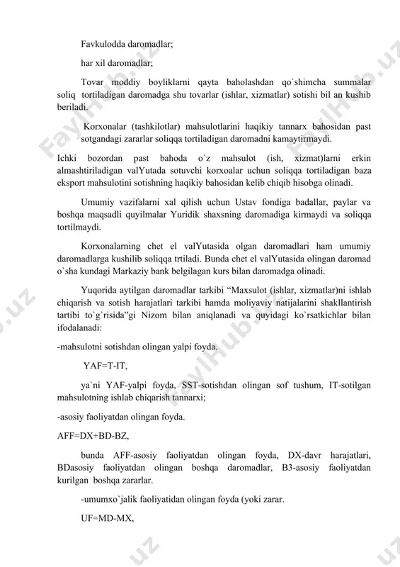 hishidan olingan summalar; valyuta scheti bo`yicha ijobiy kurs farqlari; favkulodda daromadlar; har xil daromadlar; tovar moddiy boyliklarni qayta baholashdan qo`shimcha summalar soliq tortiladigan daromadga shu tovarlar (ishlar, xizmatlar) sotishi bil an kushib beriladi. korxonalar (tashkilotlar) mahsulotlarini haqikiy tannarx bahosidan past sotgandagi zararlar soliqqa tortiladigan daromadni kamaytirmaydi. ichki bozordan past bahoda o`z mahsulot (ish, xizmat)larni erkin almashtiriladigan valyutada sotuvchi korxoalar uchun soliqqa tortiladigan baza eksport mahsulotini sotishning haqikiy bahosidan kelib chiqib hisobga olinadi. umumiy vazifalarni xal qilish uchun ustav fondiga badallar, paylar va boshqa maqsadli quyilmalar yuridik shaxsning daromadiga kirmaydi va soliqqa tortilmaydi. korxonalarning chet el valyutasida olgan daromadlari ham umumiy daromadlarga kushilib soliqqa trtiladi. bunda chet el valyutasida olingan daromad o`sha kundagi markaziy bank belgilagan kurs bilan daromadga olinadi. yuqorida aytilgan daromadlar tarkibi “maxsulot (ishlar, xizmatlar)ni ishlab chiqarish va sotish harajatlari tarkibi hamda moliyaviy natijalarini shakllantirish tartibi to`g`risida”gi nizom bilan aniqlanadi va quyidagi ko`rsatkichlar bilan ifodalanadi: -mahsulotni sotishdan olingan yalpi …