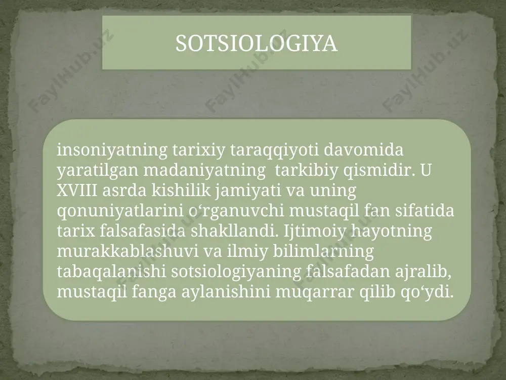 nishda aks ettiradilar. fan bir tizim sifatida, qachonki umumiy asoslar, kategoriya va tushunchalarni ishlab chiqgandagina va bilishning har hil darajalari va shakllari orasida mantiqiy bog`lanish bulsagina yuzaga kelishi mumkin. sotsiologiya strukturasi nazariy sotsiologiya metodologiya emo tadqiqotlarda qo`llanadigan asosiy metodologik turlarni alohida taxlil qilib chiqishlik muhum ahamiyatga ega. metodologiya turlarini turli mezonlar asosida ajratish mumkin. metodologiyaning turlarga ajratishning eng keng tarqalgan mezoni bu taxlil qilish va tadbiq qilish darajasi mezonidir. bu mezon asosida umumiy metodologiya, maxsus metodologiya va emperik metodologiyani ajratib ko`rsatish mumkin. umumiy metodologiya fundamental tadqiqotlar (sotsial voqelik mohiyatini, inson borliq va madaniyat muammolari yechimi) asosida shakllanadi. u sotsial jarayonlarning bilishni yalpi prinsiplari va shakllarini ishlab chiqish, nazariy va empirik bilimlarning mohiyati umummetodologik muammolarini hal qilish, bilishning turli shakllari va metodlarining ahamiyatlarini aniqlashga intiladi. hulosa hulosa qilib aytganda sotsiologiya fani jamiyat hayotidagi barcha muammolarni insonlar orasidagi hulq atvor qoidalarini o’rgatuvchi fan hisoblanishini ayniqsa bizning jamiyatdagi oila institutlari va ijtimoiy guruhlar …