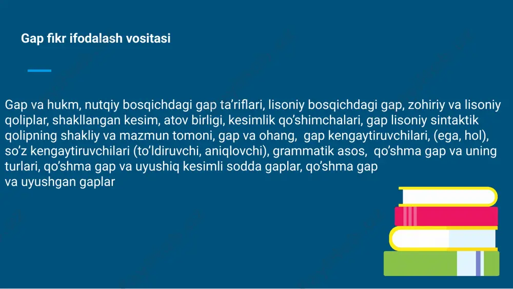 noma’lumligi va so’zlovchining shu noma’lum faktni bilib olish tilagi ifodalanadi. boshqacha aytganda, so’roq gaplar so’zlovchiga noma’lum bo’lgan voqelik haqida yangi ma’lumot olish uchun qo’llanadi. undov gap. buyurish, iltimos, taklif, o’git nasihat, xitob, ogohlantirish kabilarni ifodalovchi gap buyruq gap deyiladi. buyruq gaplar suhbatdoshni biror ishni bajarishga yoki harakatdan, holatdan voz kechishga davat qiladi. xulosa. gap grammatik jihatdan shakllangan, fikriy va intonatsion tugallikka ega bo’lgan, predikativlik ko’rsatadigan, hukm ifodalaydigan sintaktik qo’shilma yoki nutq birligi. nutq faoliyati uchun eng asosiy birlik gapdir. chunki ijtimoiy hayotda so’zlovchining fikr ifodalashi, axborot uzatishi, tinglovchining axborot qabul qilishi, ya’ni kishilarning o’zaro fikr almashuvi so’z birikmasi orqali emas, balkigap orqali amalga oshadi. e’tiboringiz uchun raxmat!