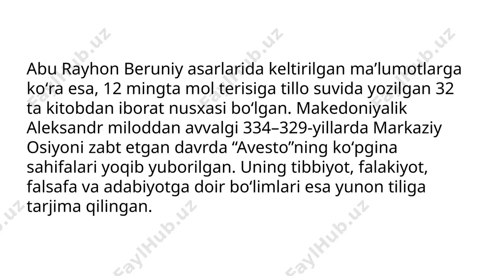 15yoshidan oila qurishi mumkin aholi salomatligi uchun yigit faqat sog'lom qizga uylanishi kerak va xotini uchun sog'lom hayot sharoiti yaratib berishi kerak asketizmga berilish qoralanadi (tarki dunyo qilish) eranizdan avvalgi ivasrning oxirlarida o'rta osiyoni makedoniyalik aleksandr o'z qo'shinlari bilan zabr etadi. bu yerda dastlab yunon makedoniya, so'ng yunon baqtriya davlatini barpo etadilar. yunonlar shu tariqa o'rta osiyoga o'z madaniyati va hayot tarzini olib kiradi. ko'plab hakimlar yetishib chiqa boshlaydi. eramizdan oldingi iiasrlar oxirida yunon baqtriya davlati yemirilib, o'rnida kushon davlati vujudga keladi. bu davr savdo-sotiw va ijtimoiy munosabatlarning birmuncha yaxshilanishi bilan ajralib turadi. tibbiyot sohasida o'rta osiyo tabiblari ishlatadigan dorilar chet ellardan kelgan dorilar bilan boyib boradi. vi asrda eftalitlar davlati vujudga keladi. bu davrning yutug'i yozuvning paydo bo'lishi. dastlabki kitoblar paydo bo'ladi. ammo o'sha davrdagi tibbiyotga oid kitoblar hozirgacha topilmagan. eftalitlar davridan boshlab o'rta osiyoda buddizm va boshqa dinlar kirib kela boshlaydi. zardushtiylik saqlanib qolgan bo'lsada o'zining ilgarigi ahamiyatini …