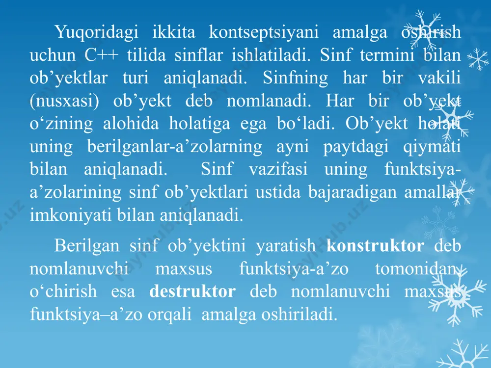 color ( color(255,255,0) ); rang to’kish usuli: set fill style = rang to’kish usulini o’rnat setfillstyle ( usul, rang ); 0 – usulsiz; 1 – uzluksiz; 2 – gorizontal chiziq; 3..6 – turli og’ma chiziqlar; 7..8 – setkali chiziqlar; 9..11 – nuqtali; rang № r g b http://acm.tuit.uz/forum 27 nuqta, kesma, siniq chiziq (x1, y1) (x2, y2) setcolor ( 10 ); line(x1, y1, x2, y2); (x, y) putpixel (x, y, 9); (x1, y1) (x2, y2) (x3, y3) (x4, y4) (x5, y5) setcolor ( 12 ); moveto (x1, y1); lineto (x2, y2); lineto (x3, y3); lineto (x4, y4); lineto (x5, y5); rangi 28 to’g’ri to’rtburchaklar (x1, y1) (x2, y2) setcolor ( 9 ); rectangle (x1, y1, x2, y2); (x1, y1) (x2, y2) setfillstyle ( 1, 12 ); bar (x1, y1, x2, y2); (x1, y1) (x2, y2) setfillstyle ( 1, 12 ); bar (x1, y1, x2, y2); setcolor ( 9 ); rectangle …