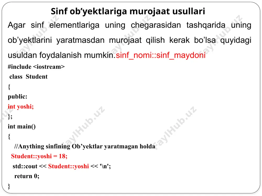 td: int generateid() { static int s_id = 0; return ++s_id; } int main() { cout class xisoblash { static int xisob; public: void setcount(int i) {xisob = i;}; void showcount () {cout using namespace std; class book_series { public: static int show_count() { return page_count;}; private: float price; static int page_count; }; int book_series::page_count = 256; int main() { cout << "page_count ning joriy qiymati " << book_series::show_count() <<"ga teng"<< endl; return 0; } /docprops/thumbnail.jpeg
