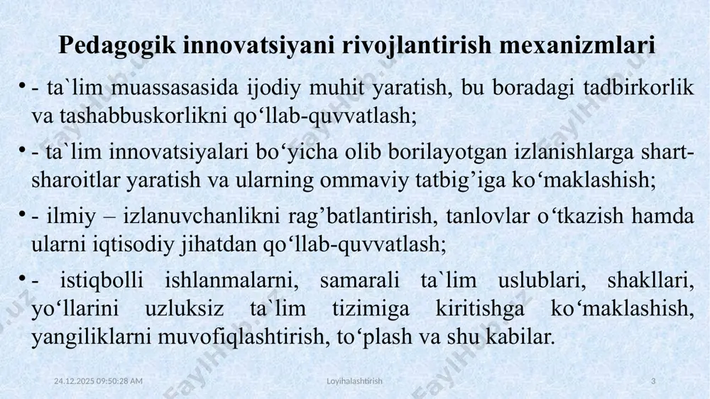 mahoratga ega boʻla olishlik mahorati. 18.05.2022 8:36:11 loyihalashtirish 6 bu qayd etilgan pedagogik innovatsiyani ishlab chiqish joriy etishning zaruriy ketma-ketligini amalga oshirish orqali ta`lim tizimida sezilarli sifat oʻzgarishlariga va yuqori samaradorlikka erishiladi. albatta bu zaruriy ketma-ketlikni amalga oshirish borasida keng miqyosda katta ilmiy tadqiqot ishlari olib borilishi mumkin. ta`lim jarayoniga pedagogik innovatsiyalarni ishlab chiqish va qoʻllash yaqin oʻttiz yillik tarixga ega. bu davrda rivojlangan xorijiy davlatlarda yangi pedagogik texnologiyalar, yangi axborot texnologiyalari ishlab chiqildi. bu borada respublikamizda ham sezilarli ishlar olib borilmoqda. shuningdek, oliy ta’lim muassasalarida ham yuqorida qayd etilgan pedagogik innovatsiyalarni ishlab chiqish joriy etishning zaruriy ketma-ketligi boʻyicha diqqatga sazovor ishlar qilinmoqda. jumladan, oliy ta’lim muassasalarida “innovatsion uslublarni yaratish va joriy etish markazi” tashkil etilgan. 18.05.2022 8:36:11 loyihalashtirish 7 uning tarkibida quyidagi boʻlimlar mavjud: - innovatsion uslublar ishlab chiqish, “kadrlar tayyorlash milliy dasturi” asosidagi ilg’or pedpgogik texnologiyalarni va ijodkor oʻqituvchilar ish tajribalarini oʻrganish, ularni toʻplash va ommalashtirish boʻlimi; - …