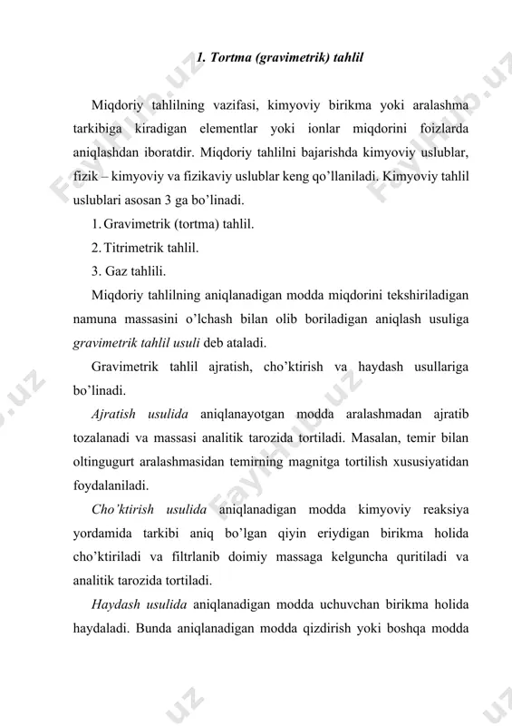 deyiladi. olinadigan namuna miqdorini aniqlash usuli (makro-, yarimmikro-, mikrotahlil) cho’kmaning xususiyati va tuzilishiga (kristall, amorf) bog’liq. tajribalar natijasi shuni ko’rsatadiki, hosil bo’ladigan cho’kma kristall tuzilishli bo’lsa, massasi 0,5 g, amorf tuzilishli modda bo’lsa, 0,10,3 g atrofida bo’lishi kerak. namunaning massasi cho’ktirish reaksiyasining tenglamasi asosida quyidagi formula bilan hisoblanadi: bu yerda: ma — aniqlanadigan moddaning molekulyar massasi; mb — tortiladigan shaklning molekulyar massasi; a, b - reaksiya tenglamasidagi stexiometrik koeffitsiyentlar. namunaning massasi analitik tarozida 0,0001 g, to’rt xona (10-4) aniqlikda tortiladi. olingan namunani eritish. namunani eritish uchun zarur bo’lgan tegishli erituvchi oldindan tanlanadi. modda avval suvda eritiladi, erimasa kislota yoki ishqorda, ba’zan kislota (ishqor) bilan oksidlovchi aralashmasini qizdirib eritiladi. modda eritmaga o’tkazilgandan keyin aniqlash davom ettiriladi. cho’ktiriladigan shaklini tanlash. cho’kmaning tortiladigan shakli uning kimyoviy formulasiga mos bo’lishi kerak. chunki qizdirish vaqtida ko’pchilik cho’kmalar kimyoviy o’zgarishlarga uchraydi. shuning uchun tortma tahlilda cho’ktiriladigan va tortiladigan shakl tushunchalari ishlatiladi. tegishli cho’ktiruvchi (reaktiv) ta’sirida eritmadan …