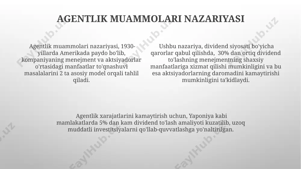 lingan siyosat kompaniyaning moliyaviy barqarorligini aks ettiradi va investorlarning 30% gacha ishonchini oshirishi mumkin, xususan, evropa ittifoqida. optimal dividend siyosatini ishlab chiqishda, 10 million dollarlik aktivlarga ega bo'lgan kompaniya, masalan, toshkentda joylashgan bo'lsa, bozor sharoitlari va investorlarning kutishini hisobga olishi kerak. birlashgan nazariyalar va amaliyot 1950-yillardan boshlab aqsh va buyuk britaniyadagi empirik tadqiqotlar dividend siyosatining bozor qiymatiga ta'siri 20% gacha o'zgarishi mumkinligini ko'rsatdi. gordonning o'sish modeli va miller-modigliani teoremasi kabi 2 ta asosiy nazariya, dunyo bo'ylab, shu jumladan rossiya va xitoy kabi mamlakatlarda, kompaniyalar dividendlarini rejalashtirishda qo'llaniladi, lekin chegaralanishlar mavjud. moliyaviy menejmentning murakkabligi tufayli, o'zbekiston kabi rivojlanayotgan bozorlarda dividend siyosati nazariyalari amaliyotda to'liq qo'llanilmaydi, taxminan 30% kompaniyalar faqat foyda qoldiqlarini taqsimlaydi. aktsiyadorlarning boyligini maksimallashtirish nazariyasi nazariya, soliqlar va transaksion xarajatlar kabi real dunyo omillarini inobatga olmaganda, aqsh va yevropa bozorlarida aksiyadorlarning boyligini maksimal darajada oshirishga qaratilgan. model, 10% dan yuqori dividend to'lash kompaniyaning kelajakdagi investitsiyalariga salbiy ta'sir qilishi mumkinligini ko'rsatadi, …